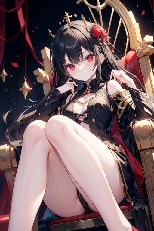scene:0.9, (masterpiece), (((highly detailed, 8k quality))), high quality, (a girl, sitting majestically on a throne), ((wearing a golden crown)), (long black hair, side bangs), (full body:0.7), ((torso)), perfect fingers, (hands on armrests), wide shot:0.7, from below, expressive ruby red eyes, (looking at the viewer with pleading eyes , black hair, side bangs, expressive red eyes:0.7, fiery red eyes), (depth perception:0.7, black background, blurred background), , (distance),