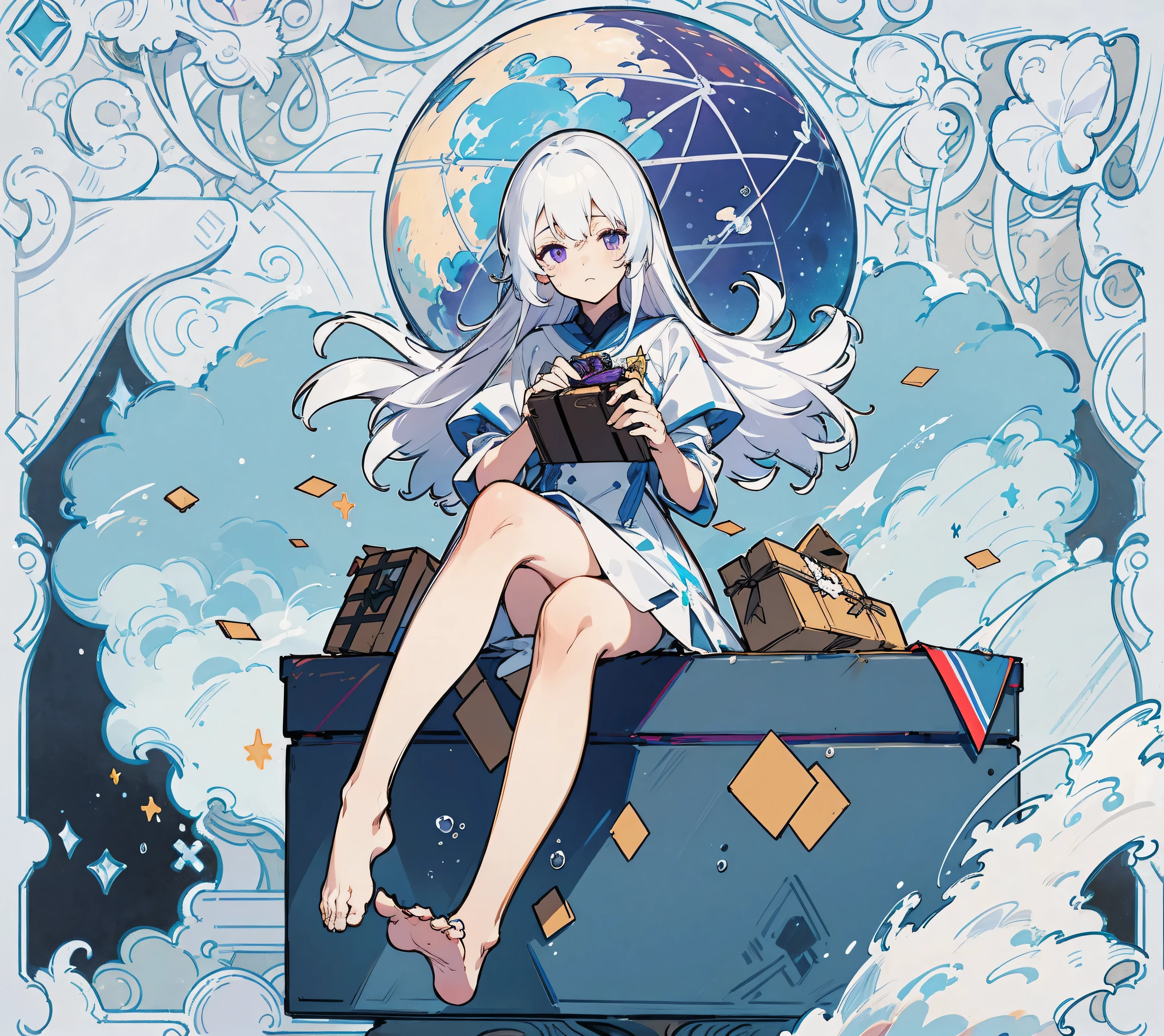 girl,Solitary,mystery,Bright colors,shining, underwater transparent sealed hemispherical glass dome, (white hair),(Purple Eyes), whole body,barefoot,Long hair, quiet and natural, Require,Underwater, dome,close up,dynamic action,Lens perspective,(((Box composition))),Sitting cross-legged on the bookshelf, Volumetric Lighting, Colorful eyes, Delicate eyes, Super detailed,A faint smile, Very detailed, fair, nitty gritty, Ultra Detailed, best quality, Wheels within wheels, 4K, 8k, Popular on artstation, Good anatomy, fair lighting, The award-winning,
information