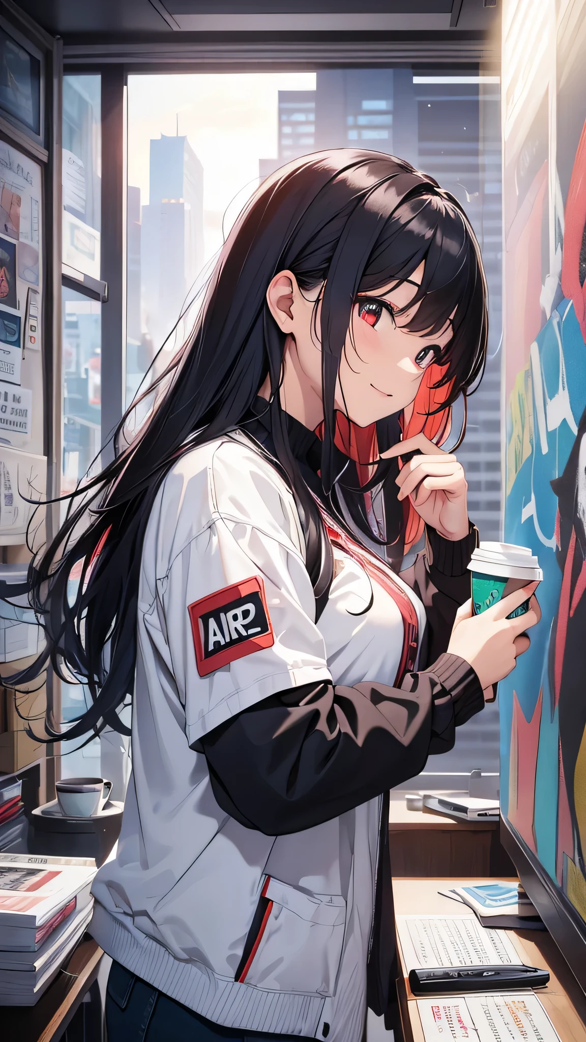 最high quality、Best image quality、masterpiece、girl((20-year-old、 By becoming、Best Bust、Medium Bust,Wide open breast tea、red glowing eyes, Black and red hair、Disheveled Hair、Long Hair、thin,The highest valley、White overshirt、Open chest、White wristband、smile、Leaning forward、hair ornaments、Side angle、Lointail、Bubble gum)),high quality、Beautiful art、background((White computer room、Coffee cup、line of light、Whiteboard、graffiti))、Flight、Flying debris、Written boundary depth、movie、Visual Arts、Perfect art、8K,Genuine、