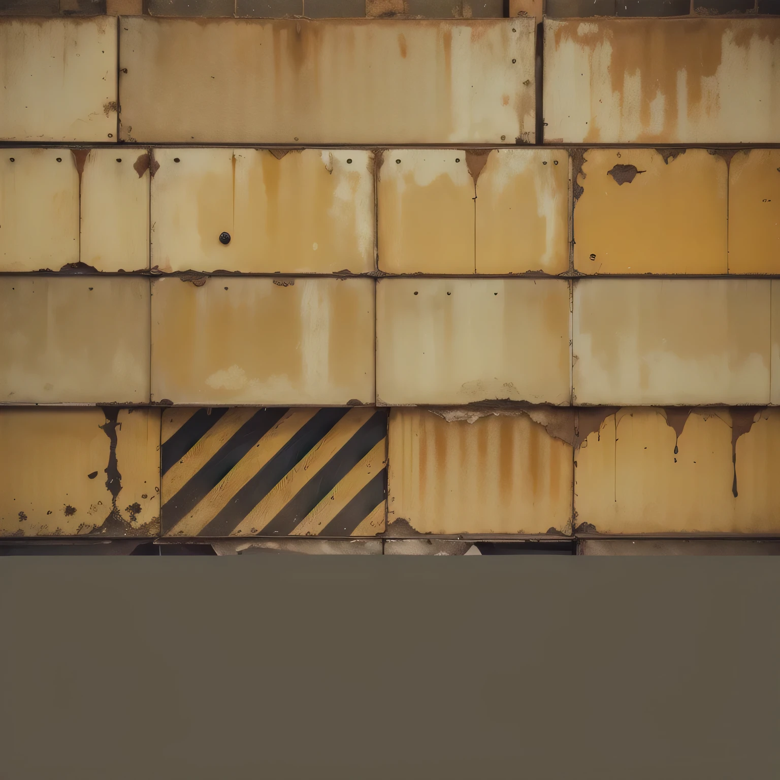 arafed wall with a yellow and black striped sign on it, rusted walls, Rusty panels, worn mono - yellow wallpaper, rusty metal walls, industrial background, wall ], background of dirty streets, grunge wall, striped, no textures, [[empty warehouse]] background, hazard stripes, Rusty metal texture, factory background, some rough marks