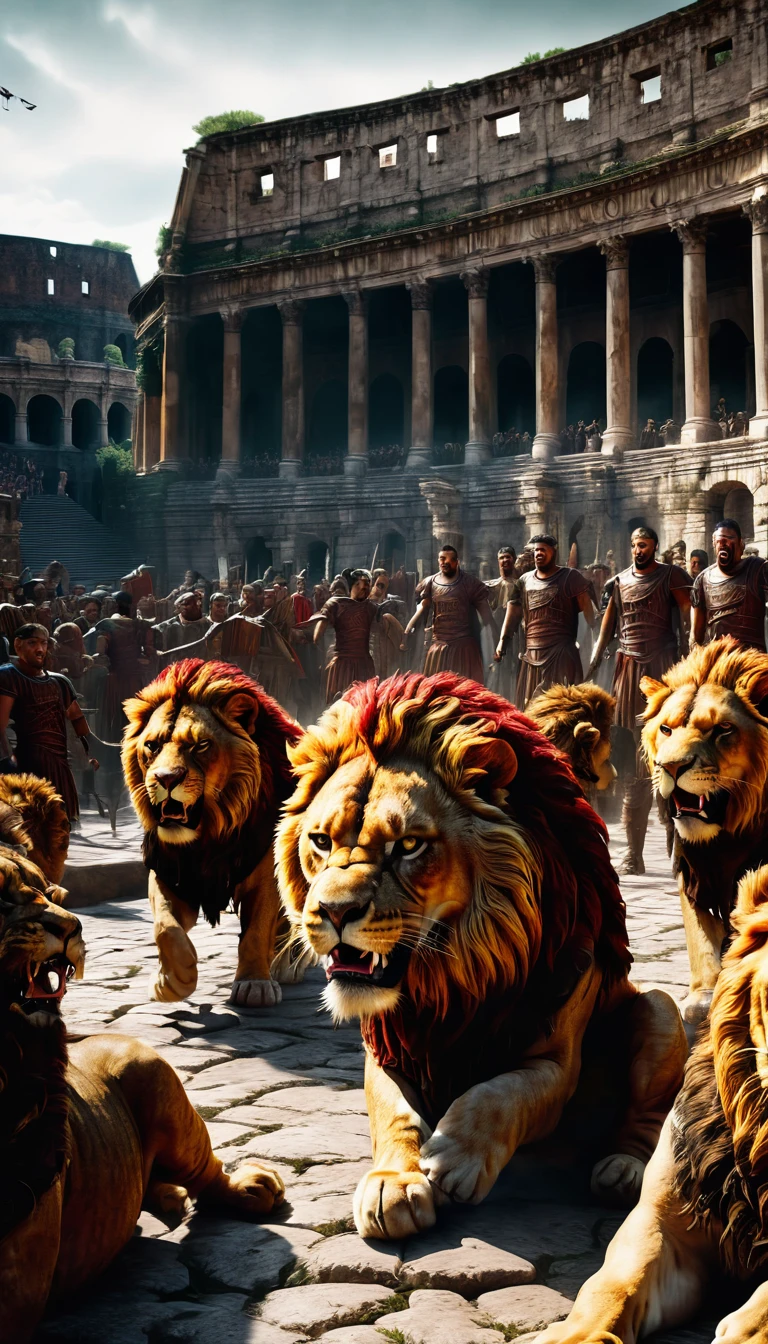 Under the gaze of thousands, the Roman Colosseum becomes a stage for horror. Prisoners tremble as they are met with ravenous lions and relentless gladiators, their bloodcurdling screams becoming the chorus to a macabre show of death, background dark, hyper realistic, face detail, ultra detailed hyper realistic, photorealistic, Studio Lighting, reflections, dynamic pose, Cinematic, Color Grading, Photography, Shot on 50mm lens, Ultra-Wide Angle, Depth of Field, hyper-detailed, beautifully color, 8k