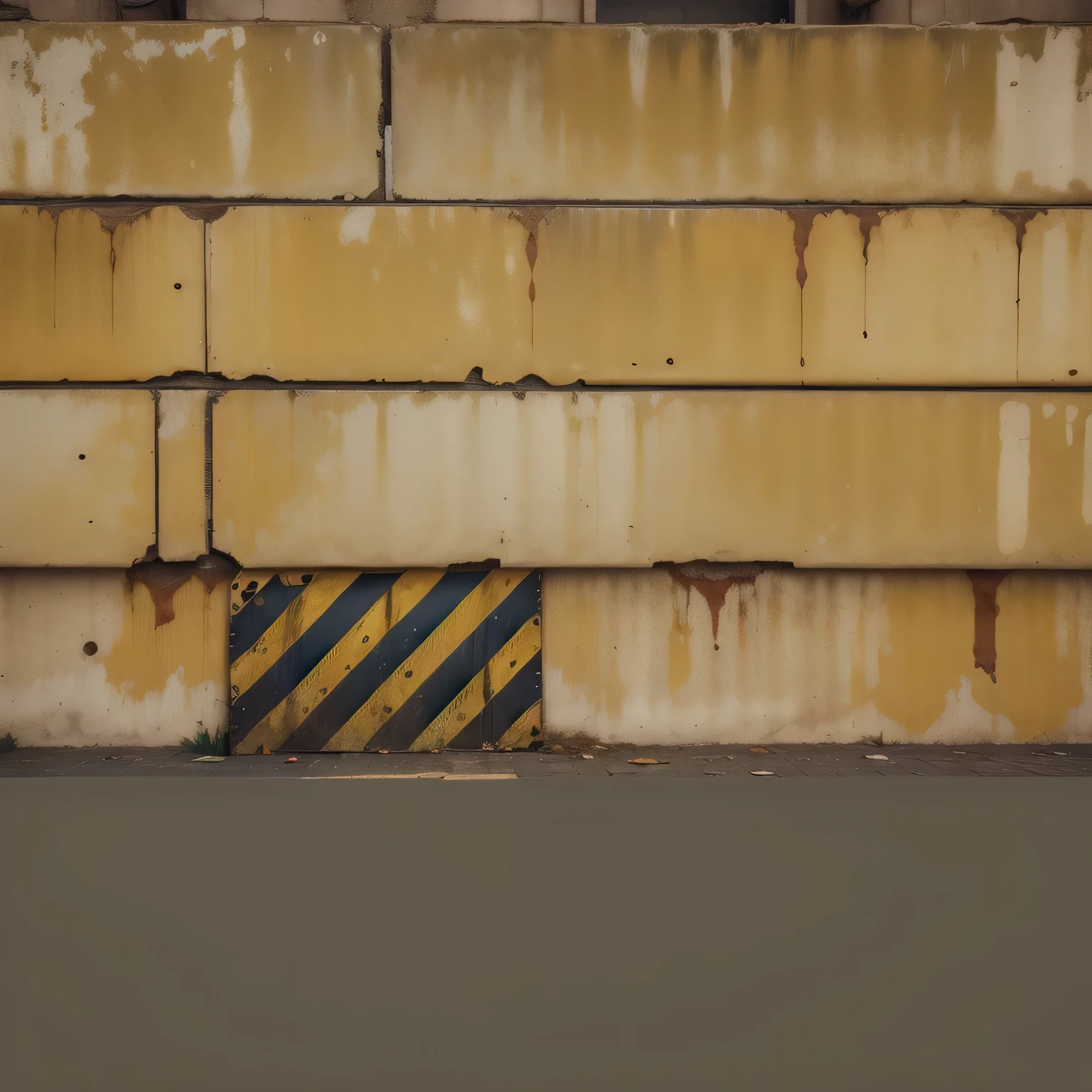 arafed wall with a yellow and black striped sign on it, rusted walls, Rusty panels, worn mono - yellow wallpaper, rusty metal walls, industrial background, wall ], background of dirty streets, grunge wall, striped, no textures, [[empty warehouse]] background, hazard stripes, Rusty metal texture, factory background, some rough marks