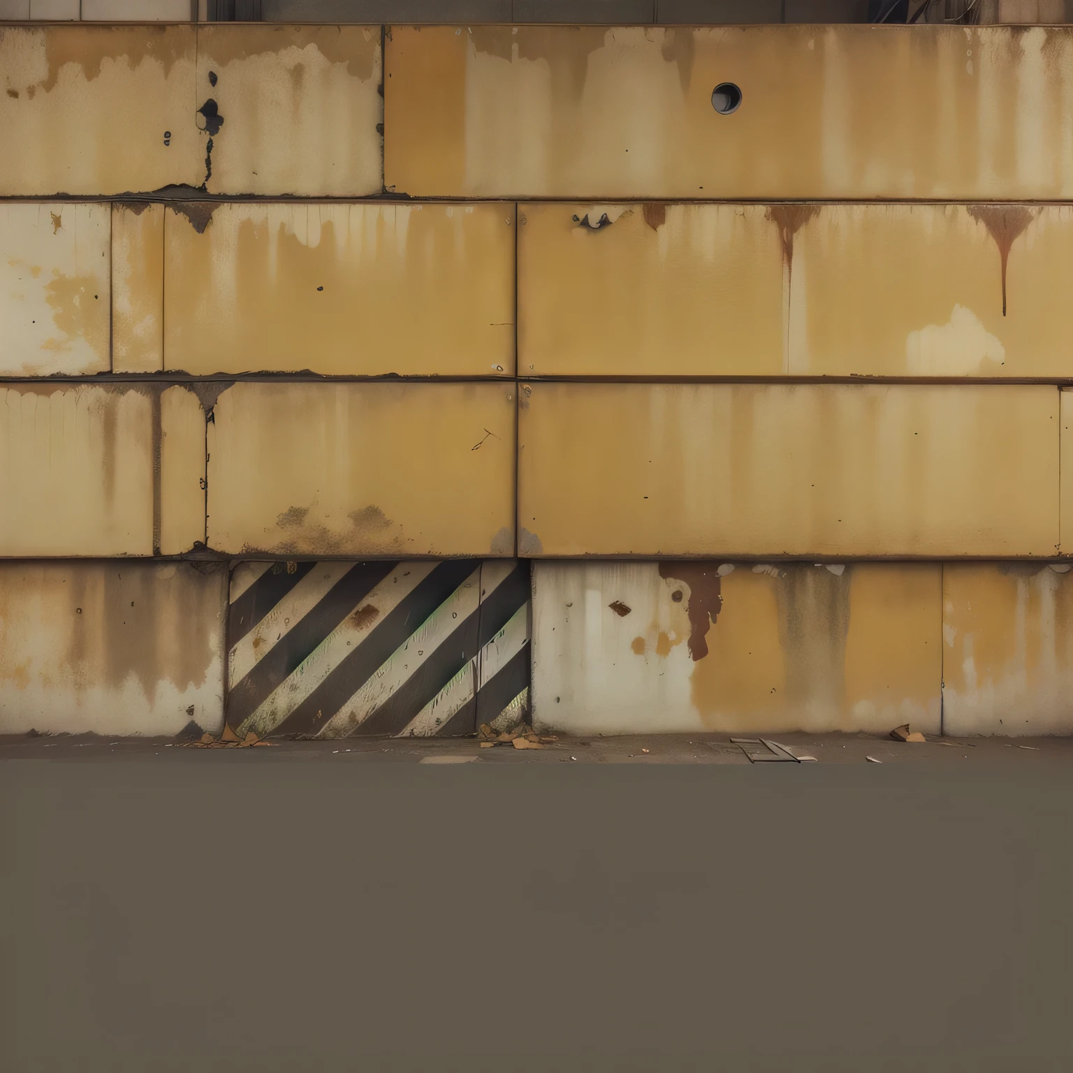arafed wall with a yellow and black striped sign on it, rusted walls, Rusty panels, worn mono - yellow wallpaper, rusty metal walls, industrial background, wall ], background of dirty streets, grunge wall, striped, no textures, [[empty warehouse]] background, hazard stripes, Rusty metal texture, factory background, some rough marks