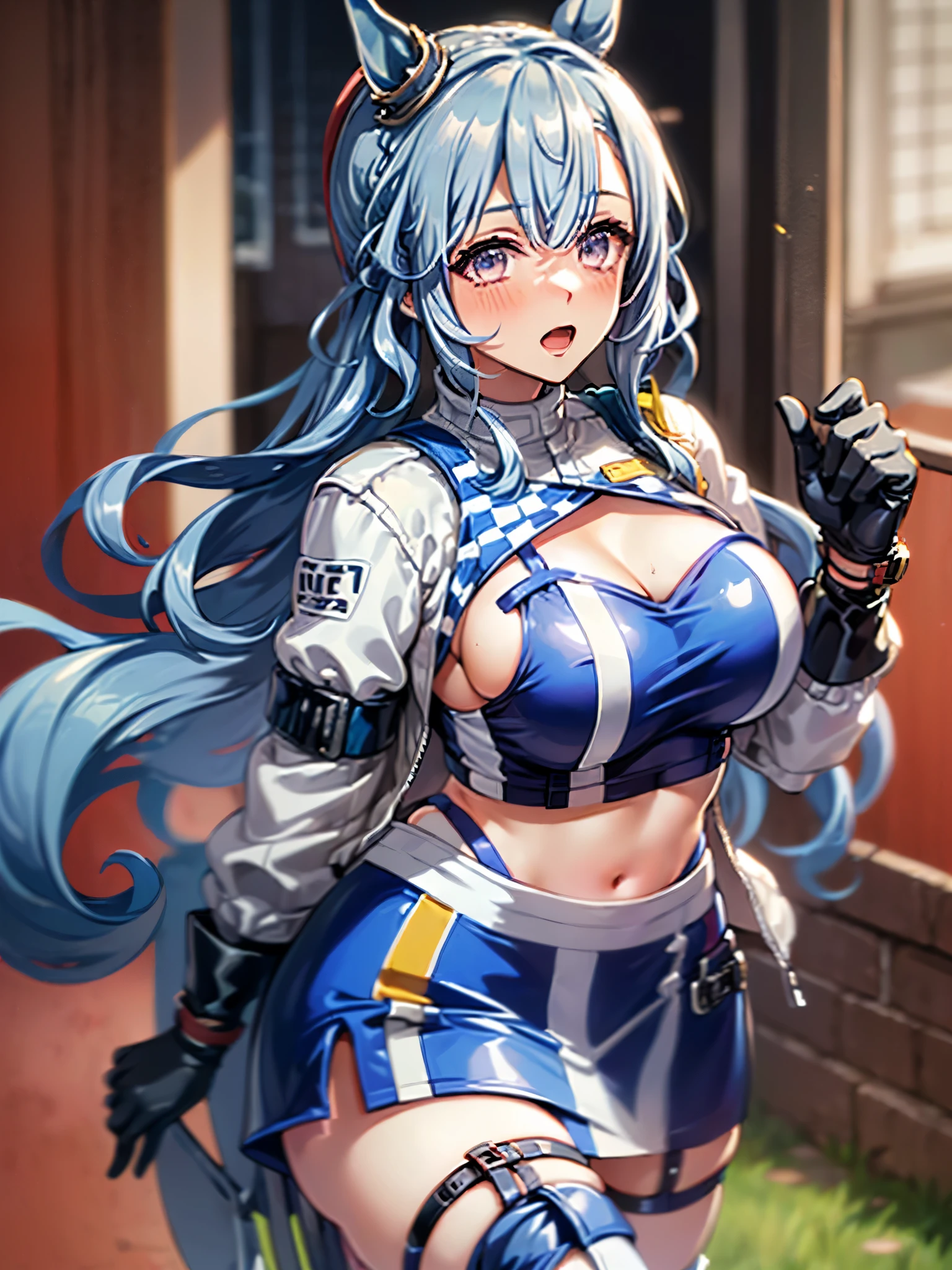 (8k, best quality, masterpiece:1.2), ultra-detailed, (high brightness:1.3), (high contrast:1.1), (high saturation:1.1), (anime screencap:1.20), 1girl, ((solo:1.20)), (mejiro ardan \(umamusume\))), ((animal ears, horse ears, horse girl, horse tail)), ((long hair:1.10)), ((light blue hair:1.5)), ((((hair ornament:1.5)), (ear ornament:1.3), cute, ((Detailed details eyes:1.5)), cute, (red blush:1.5), (((((race queen:1.10))))), skirt, ((blue skirt:1.10)), ((white jacket:1.10)), ((boots:1.10)), (gloves, black gloves), jacket, midriff, ((full body:1.20)), breasts, thigh boots, navel, half gloves, cropped jacket, ((high heel boots:1.10)), ((white footwear)), jacket removed, ((thighhighs:1.10)), planted, smile, high heels, ((thigh strap:1.5)), (((saggy large breasts:1.20))), cleavage, ((miniskirt:1.20)), open mouth, (((bandeau:1.20))), standing, holding, ((crop top:1.10)), ((puffy nipplse:1.10)), (((large areola:1.10))),
