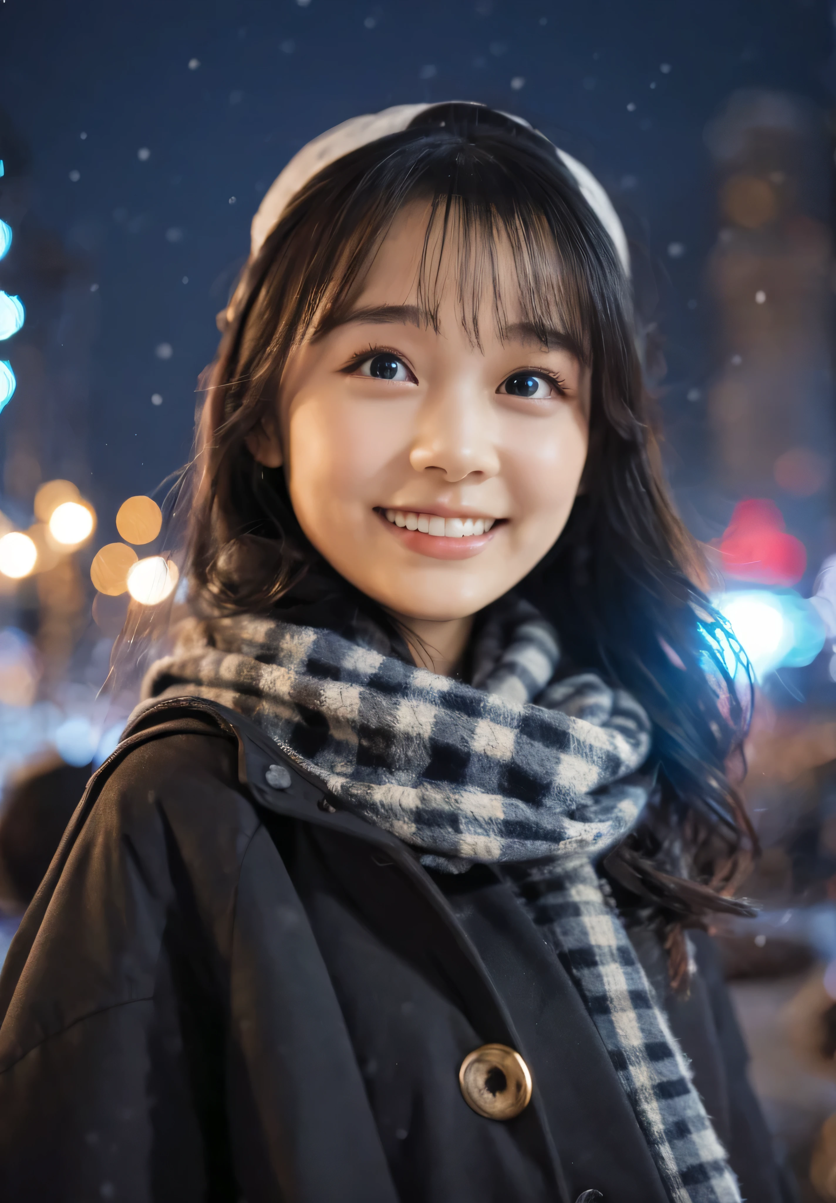 1 girl, (put on a coat:1.2), (RAW Photos, highest quality), (Realistic, Photorealistic:1.4), Tabletop, Very delicate and beautiful, Very detailed, 2k wallpaper, wonderful, finely, very detailed CG Unity 8k wallpaper, Very detailed, High resolution, Soft Light, Beautiful detailed girl, Very detailed目と顔, Beautiful and detailed nose, finely beautiful eyes, Cinema Lighting, Illuminations that light up the city on a snowy night, Snow Scene, that&#39;it&#39;s snowing, Perfect Anatomy, tense air, Straight Long Hair, Looking at the audience, smile, Portopia Serial Murders, Disappearing into the Sea of Okhotsk, Tracking、Fluffy scarf、