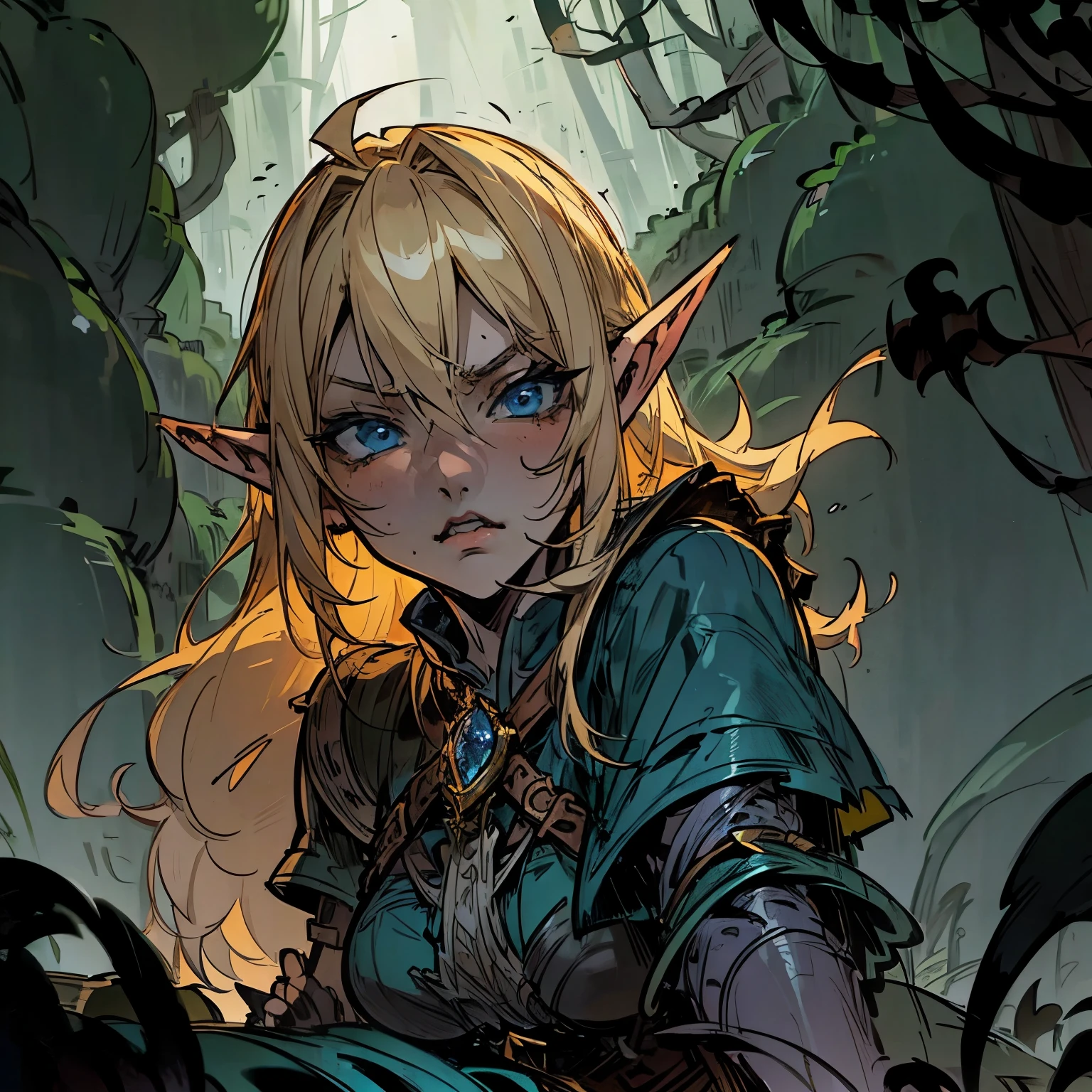 (POV: Fighting An Elf) , Blond haired tsundere elf, blue eyes, Hunter, confident, assertive, genre: dark fantasy, adventurer, (Background: night time jungle forest) Dramatic moment, anime realism [Face close up, detailed face, attention to face] 