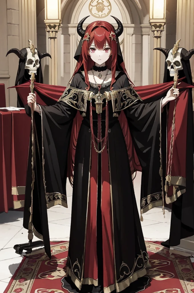 ((highest quality)), ((masterpiece)), (be familiar with), Perfect Face、The Enchanting Body of Celica（FE）、Red hair、The perfect proportions、semi-long、necklace、Bangles、Caster wheel、Circlet、Luxury Accessories、first round、Fallen into evil、、Blank look、Engagement Rings、Hollow Eyes、Ritual of Summoning Demons、Dark Room、Red magic circle on the floor、大量のSkeleton Candelabraと蝋燭、darkness、Black sheets、Devil's Altar、Suspicious rituals、A large number of skull objects、Big magic circle on the floor、Skeleton Candelabra、Luxury Jewelry、Be baptized by the devil、Skeleton Crown、black large gemstone pendant、empty eyes、Apathy、Expressionless、Black priestly uniform、devil&#39;s priest、believer in demons、dark priest、Black religious clothing、Richly decorated priestly vestments、Black clothes、Black Veil、Devil's Ornaments、Devil&#39;s Accessories、Temple of the Devil、Baphomet&#39;s Servant、Standing in front of the altar、Open your arms、Big devil statue、Black interior、Big devil statueに祈りを捧げる、Large goat-headed devil statue、Big Baphomet statue、Wear a skeleton mask、Body and soul become demons