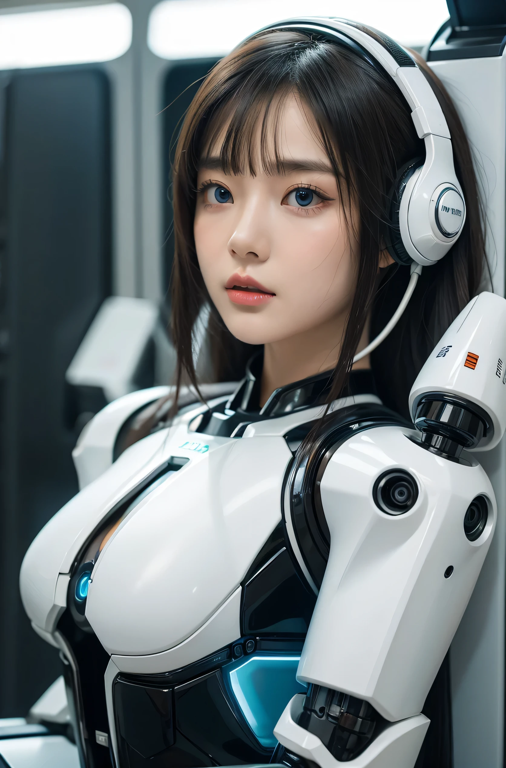 masterpiece, Best Quality, Extremely detailed,Japanese android girl,Plump ,a bit chubby, control panels,android,Droid,Mechanical Hand, ,Robot arms and legs, Black hair,Mechanical body,Blunt bangs,White Robotics Parts,perfect robot woman,Charging spot,Long Tube,A thick cable was connected to his neck.,ceramic body ,Mechanical body, mechanical ear covers,android,robot humanoid,Slightly Chubby,pantiy,complete eyes,Perfect machine body,White robot body,The laboratory of the future,android factory,mechanical ear covers,White and light blue uniform,aqua accent costume,blue eyes