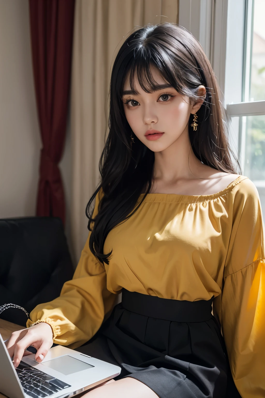 Araped woman wearing multi-colored blouse with long black hair, mustard colored skirt, curtain bangs, No makeup, wavy hair, Madison Beer, without makeup, 중앙에서 분리된 curtain bangs, Profile picture, Use Instagram Filters, Subtle soft and dim light, Pose sitting in front of a laptop, perfect face, julia sardinian, perfect hands,