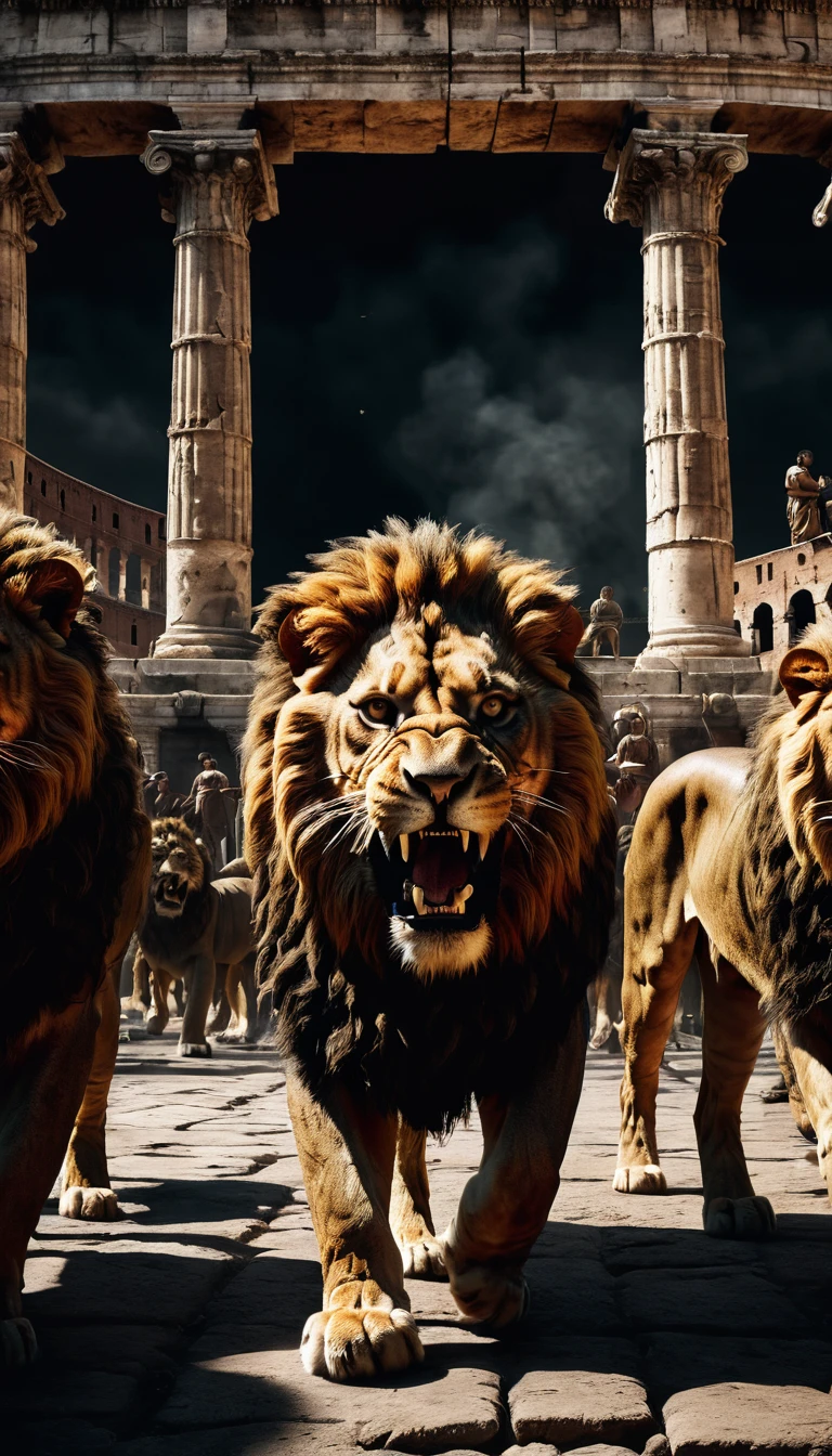 Under the gaze of thousands, the Roman Colosseum becomes a stage for horror. Prisoners tremble as they are met with ravenous lions and relentless gladiators, their bloodcurdling screams becoming the chorus to a macabre show of death, background dark, hyper realistic, face detail, ultra detailed hyper realistic, photorealistic, Studio Lighting, reflections, dynamic pose, Cinematic, Color Grading, Photography, Shot on 50mm lens, Ultra-Wide Angle, Depth of Field, hyper-detailed, beautifully color, 8k