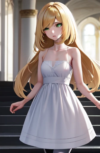 ((best quality)), ((Very detailed)), masterpiece, absurd, (Delicate eyes, Deep eyes), (1 Girl), Cowboy shooting, Lusamin, blond, Very long hair, Green Eyes, Medium breasts, (No white dress), No sleeveless dress, Green gemstones, No white leggings, High heel, white shoes, (indoors, on the stairs), Side milk，No underwear，Naked upper body，No clothes on the lower body