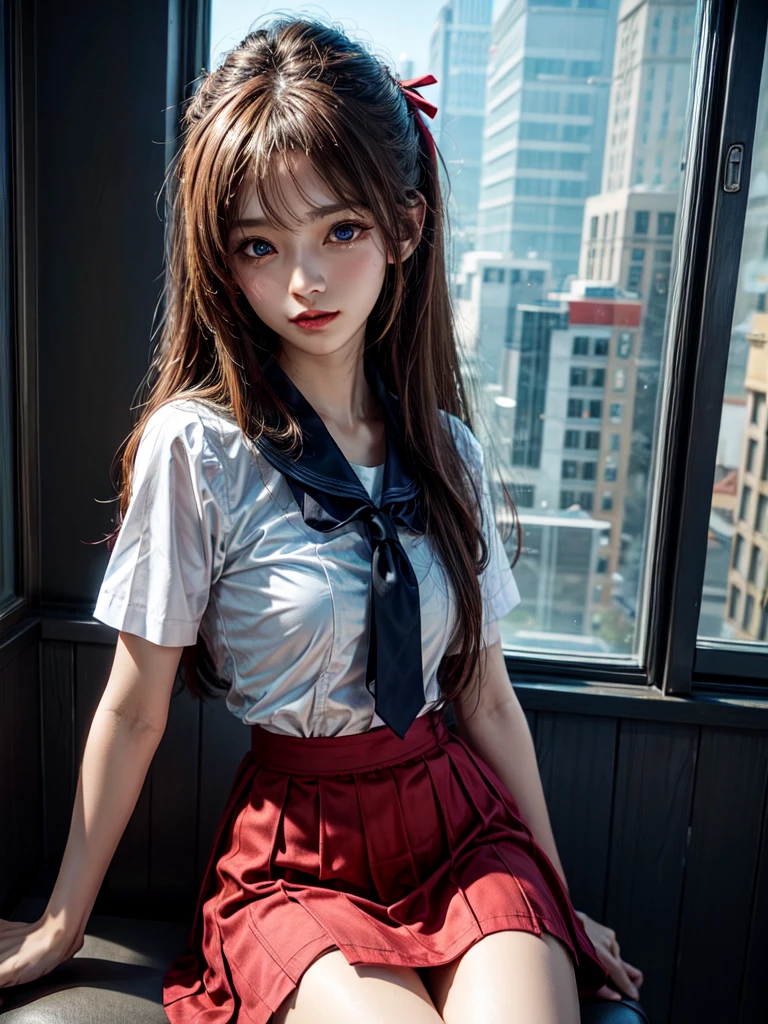 (8k, highest quality, Pieces fly:1.2)、Ultra-high resolution、anime,1 very pretty girl,Asuka Langley,Highly detailed face, Fine grain,blue eyes,,White sailor collar plain short sleeve shirt,Light blue skirt,Light Blue Suspenders,uniform_Red ribbon,Orange Hair,Long Hair、Detailed hand and fingers,put your hands in your hair,Grin、sitting on desk,Shooting from the sky,classroom