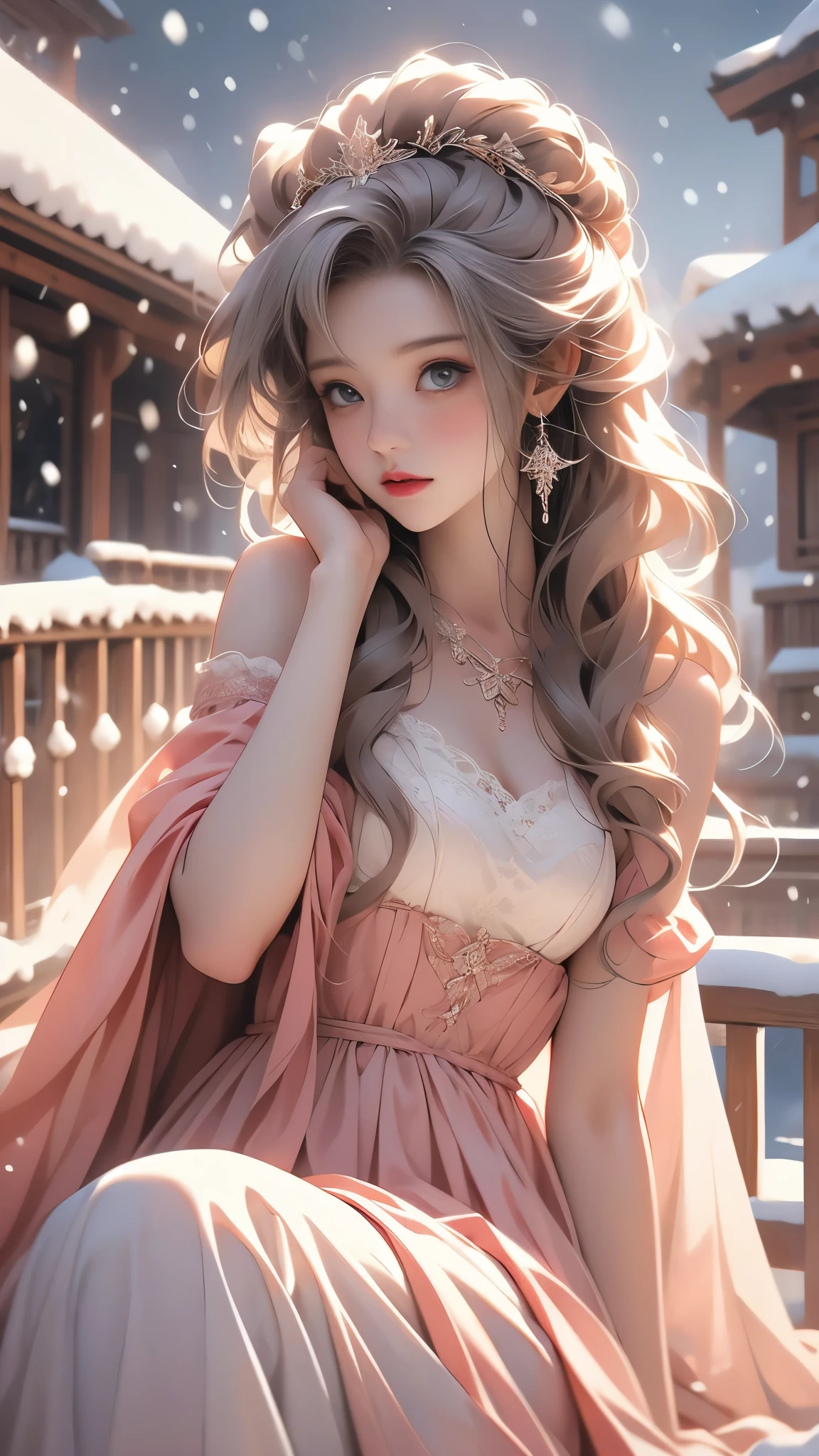 （8K，RAW photos， best qualtiy， tmasterpiece：1.2），（realisticlying， photograph realistic：1.4)，Hide your face with sadness，
Lolita costume，Lace， Aerith Gainsborough， The upper part of the body，upper legs，Lace， undergarments，exposed bare shoulders， do lado de fora， (outside，Covered with snow，cloaks，) high high quality， Adobe Lightroom， highdetailskin， looking at viewert，