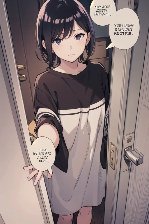 anime girl standing in doorway with open door and hand on door handle, (sfw) safe for work, touching her clothes, female protagonist 👀 :8, nishimiya shouko, in a japanese apartment, sui ishida art manga, harumi, a-1 pictures, fully - clothed!!!, revealing clothes, hi-res scan, hi - res scan