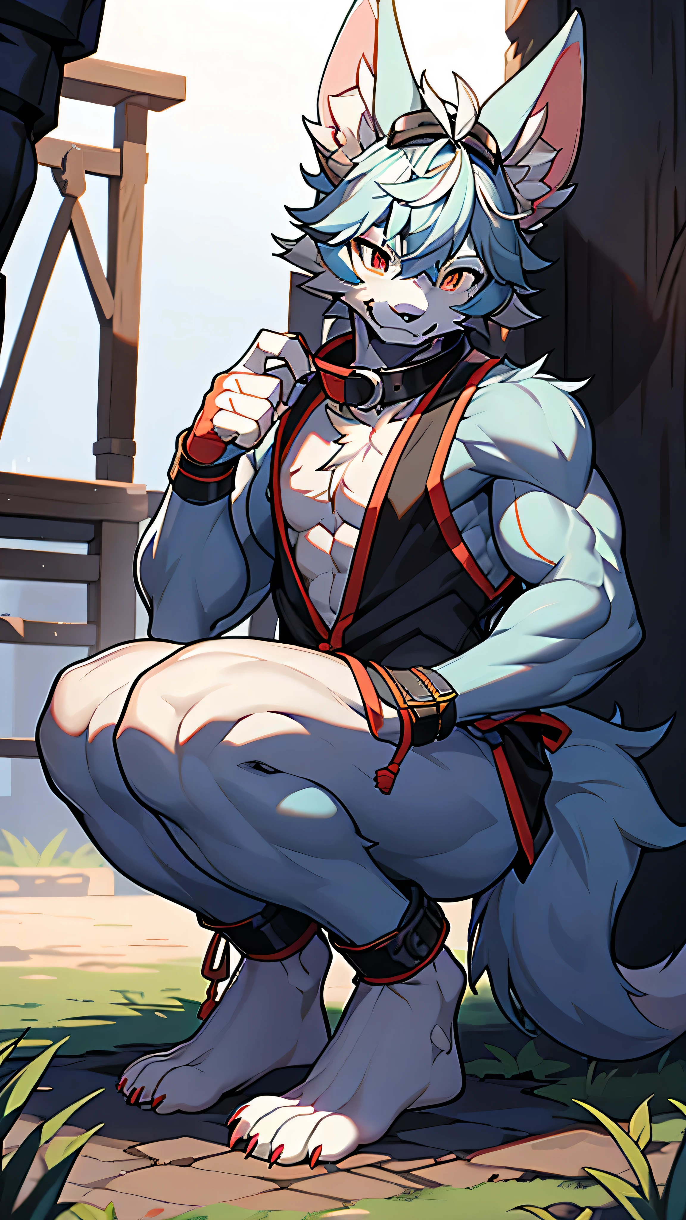The only person,Wolf head,Wolf Tail,Male,Muscle tissue,sexy blue ears,Blue Hair,Hairy arms,Hair on legs,The whole body is covered with gray fur, White,black socks,red collar,Stroke,sit on the floor,Abdominal muscles,Topless,stronger,male,not wearing clothes,No pants,The lower limbs of the beast ,Big Tail,Hairy chest and genitals,He used his hands to lift his genitals higher,genitals,Claw,Paws in the mud,Barefoot,No shoes,Possessing the feet of a beast,Stepping in the mud in the mire,In the mud, in the farmer's mud,In the mire,Wearing a collar around the neck,He was tied with a rope and squatted like a dog in the field.,sit on the floor like a dog