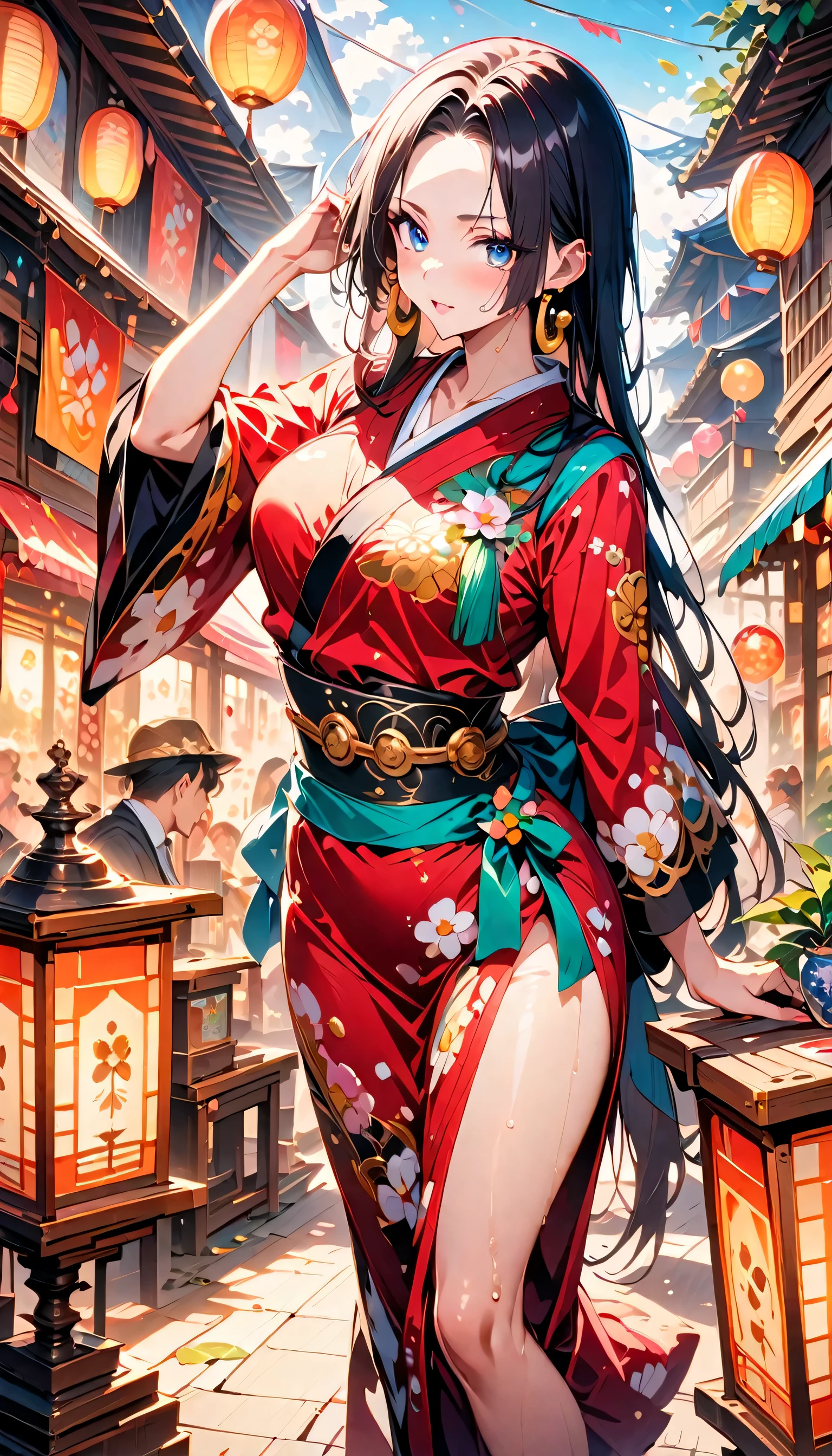 1Girl, Boa Hancock , One Piece, exquisite eyes,beautiful,detailed lips,wearing a beautiful kimono,attending a summer festival under a starry night sky. The girl is exploring the festival shop and admiring the colorful decorations and traditional crafts. The scene is filled with vibrant colors and a festive atmosphere. The artwork is a masterpiece with high resolution and ultra-detailed portrayal of the characters and their surroundings. The summer festival theme is emphasized, with the warm tones and joyful ambiance showcased through the lighting and colors. full body art, looking at viewer, (detailed:1.3) image, (intricate:1.2)(wet season:1.3), (masterpiece:1.2), (best quality:1.2), newest, intricate details, AI-generated, anime screencap, traditional Japanese elements, festive atmosphere.,g0th1cxl, glowing, neon,detail1eye,