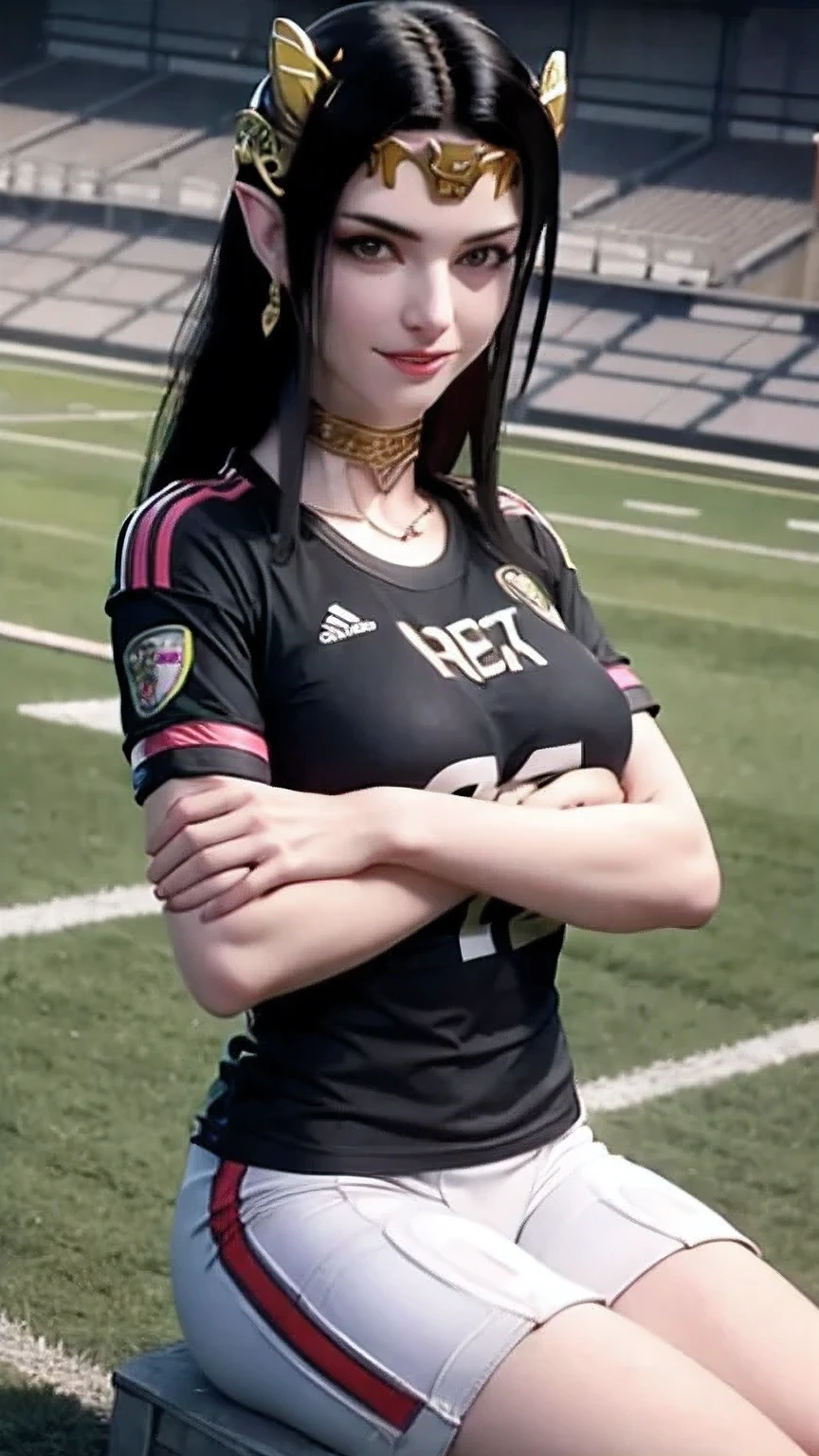 Medusa, massive breast, (((football shirt black)), smile, sitting,