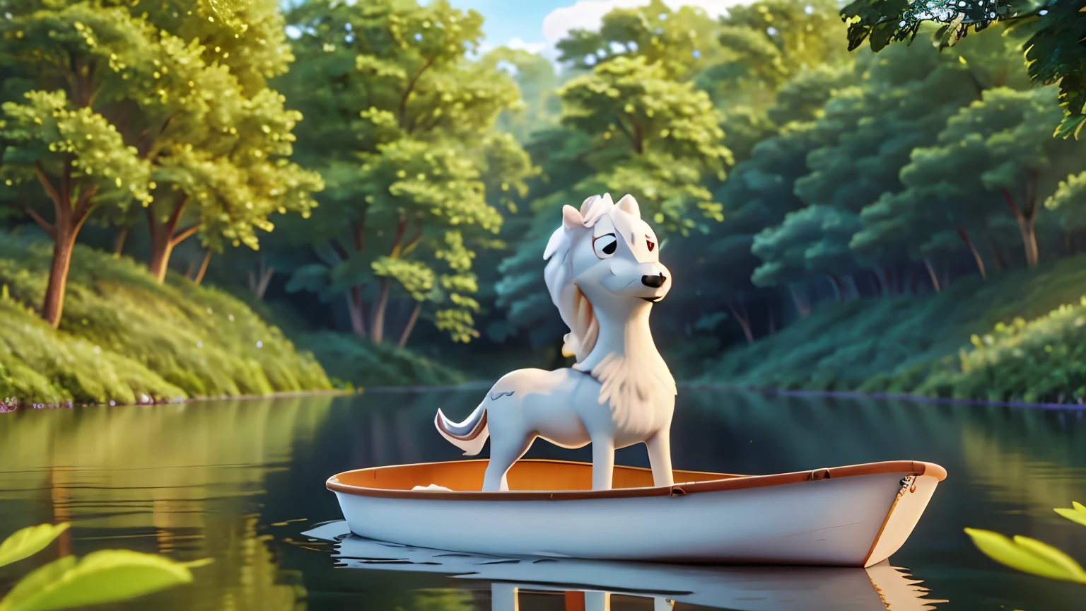 A white Arabian horse stands on a small boat floating in the lake，Rippling lake surface，Lakeside meadow，Lush forest background，flying birds in distance，Exaggerated facial details，Animated Movies，3D character rendering, 3D cartoon style, hyper-realistic style，Disney，Movie Lighting，Smile for the camera，Front focus (best quality) ( Pixar style) (Detailed texture)