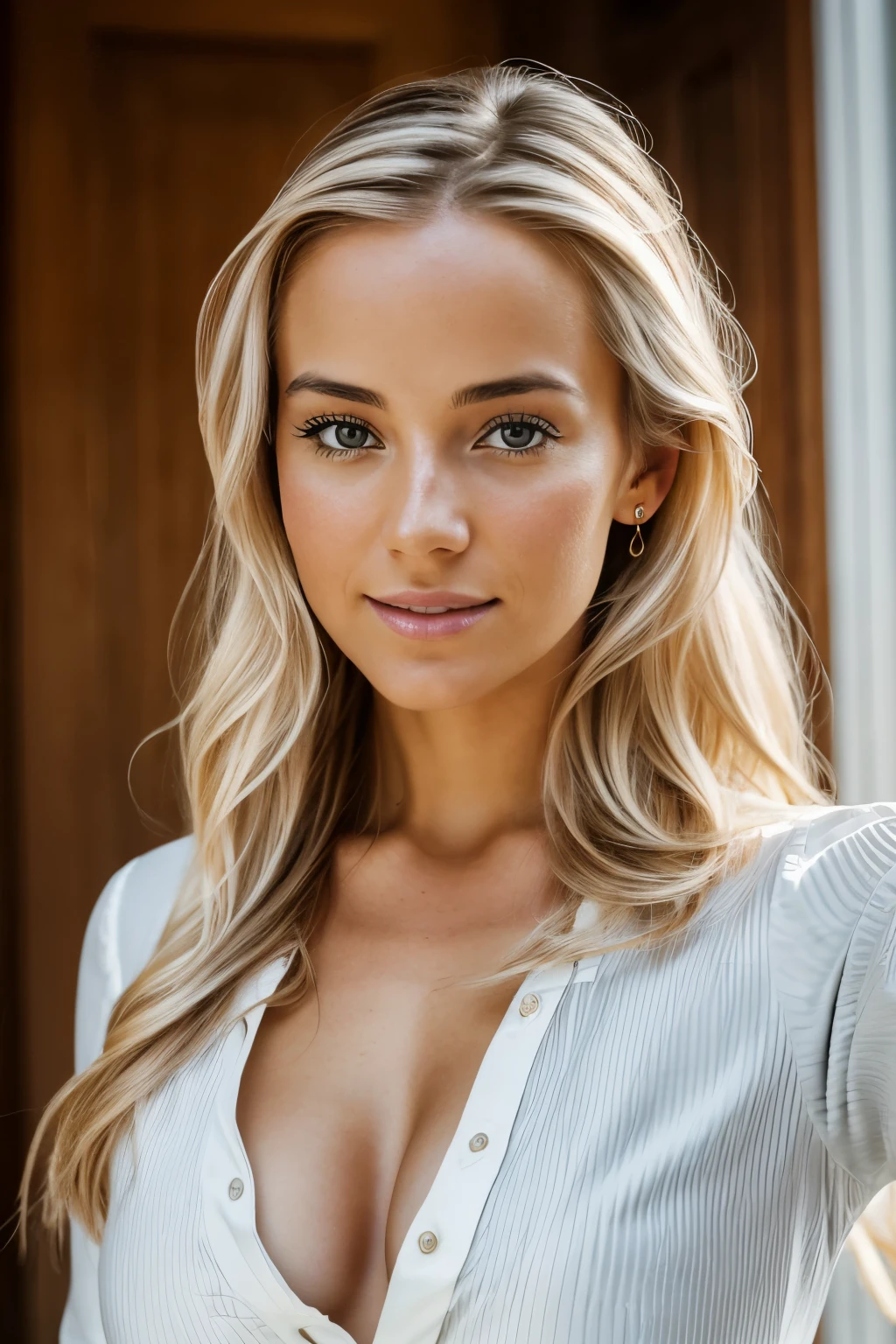 A 30-year-old blonde woman with perfect features and long, golden locks. Dutch heritage adding to her allure. Front view, selfie taken, elegant white blouse revealing a subtle cleavage, high-definition image captured with a Canon EOS 5D Mark IV, natural sunlight illuminating every detail, intricately capturing her captivating face and figure. (perfect face, perfect body, Dutch, selfie, Canon EOS 5D Mark IV, natural light, high definition)