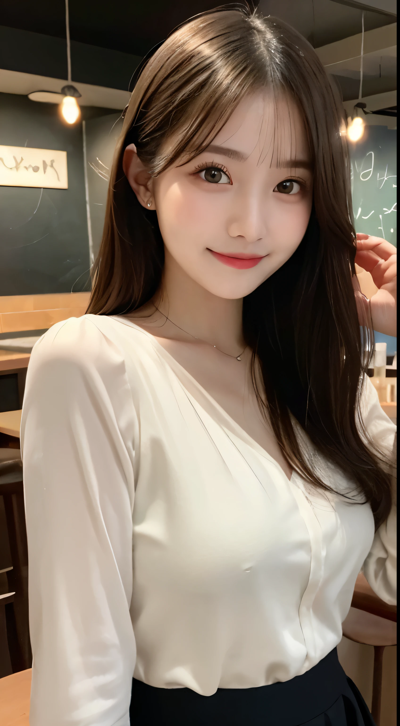 table top, highest quality, shape, Super detailed, finely, High resolution, 8k wallpaper, perfect dynamic composition shape, finely beautiful eyes, long hair, small breasts, natural color lip, random sexy pose,smile,20 year old girl、Beautiful and dense face、perfect and beautiful face,Big eyes、Blurred darts bar background、long sleeve blouse、flare skirt、small face、Slim your face and body、smile、slim face and body、cute face、cute