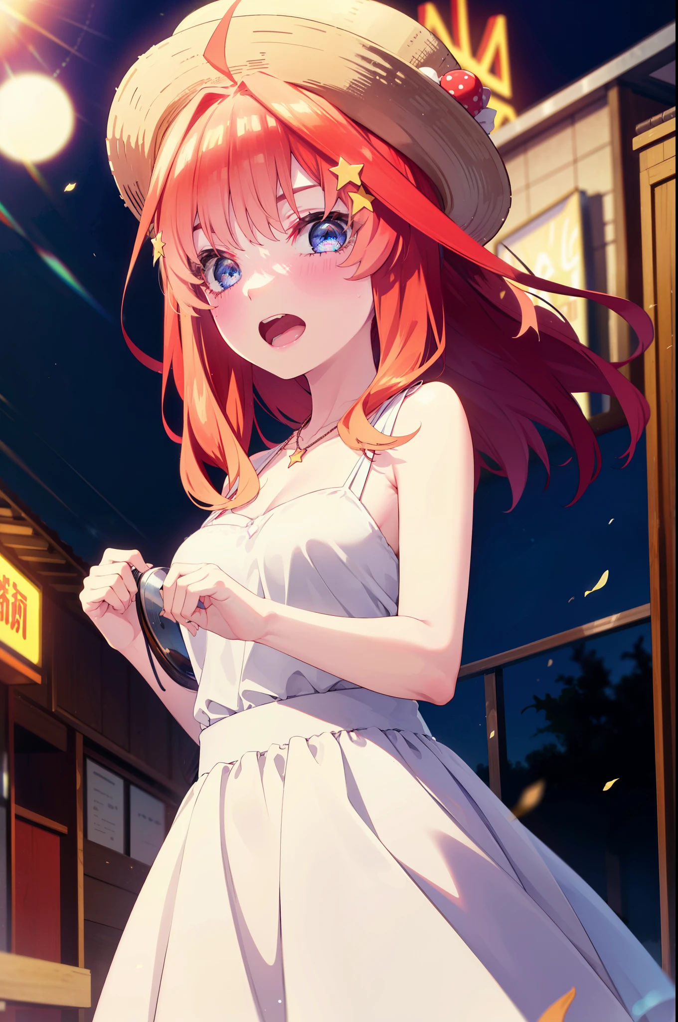 itsukinakano, Itsuki Nakano, bangs, blue eyes, Hair between the eyes, Ahoge, Redhead, star \(symbol\), hair ornaments, star hair ornaments,
(Great Laugh:1.1), (Open your mouth:1.1), Sun glare, Bokeh, Written boundary depth, blurred background, Particles of light, Strong winds, (Heart Particles:1.1),white hat,White long skirt integrated dress,Exposing shoulders,bare clavicle,Bare neck,Bare arms,Cute Sandals,slouch,Look up,night,moonlight,star,romantic,Heart Necklace,amusement park, roller coaster, carousel, Bumper Car, Ferris wheel, water park, break looking at viewer, Upper Body, whole body,(Cowboy Shot:1. 3) break outdoors, amusement park break (masterpiece:1.2), highest quality, High resolution, unity 8k wallpaper, (shape:0.8), (Fine and beautiful eyes:1.6), Highly detailed face, Perfect lighting, Highly detailed CG, (Perfect hands, Perfect Anatomy),