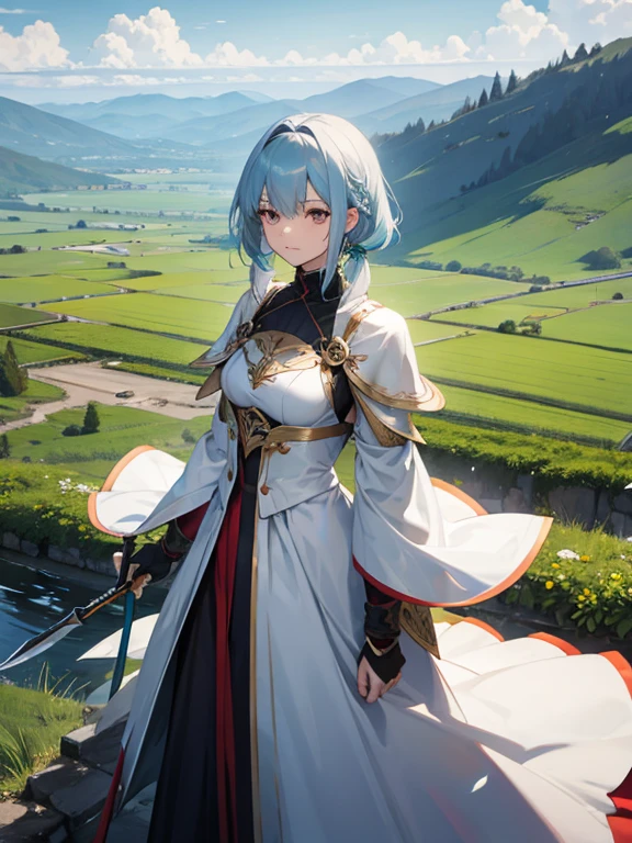 woman　slender　Fantasy　sword士　Light clothing　armor　sword　Blonde　 Silver Hair　 Red hair　 Green Hair　Blue Hair　Half naked　Backwards　Landscape　