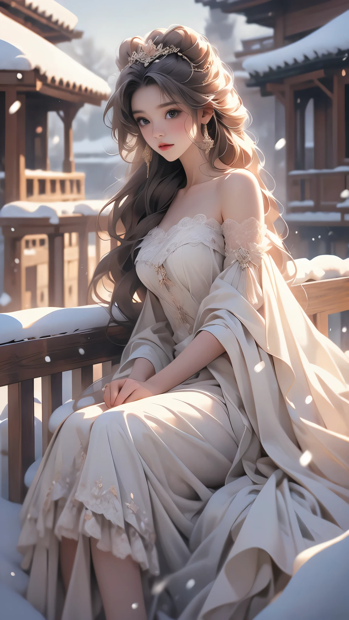 (8K,RAW photos, best qualtiy, tmasterpiece:1.2),(realisticlying, photograph realistic:1.4),Hide your face with sadness,
ta costume,Lace, Aerith Gainsborough, The upper part of the body,upper legs,Lace, undergarments,exposed bare shoulders, do lado de fora, (outside,Covered with snow,cloaks,) high high quality, Adobe Lightroom, highdetailskin, looking at viewert,