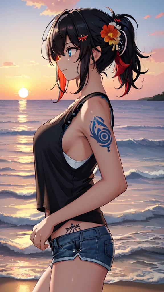 (masterpiece, best quality, ultra detailed, ultra high resolusion, highres,8k:1.4), BREAK,(from side:1.2), 20_years_old, 1giri standing-at-the-edge-of-the-waves,smile, beach, (looking away:1.3), (dark_skin:1.2),(tribal_tatoo:1.2),(wavy hairs),(messy hair),(asymmetry bangs),(multicolored hair), 
Tsurime Eyes, (((blue eyes))), jitome, 
((flower hair ornament)),(shortpants,tanktop:1.4), (sunset:1.3), 