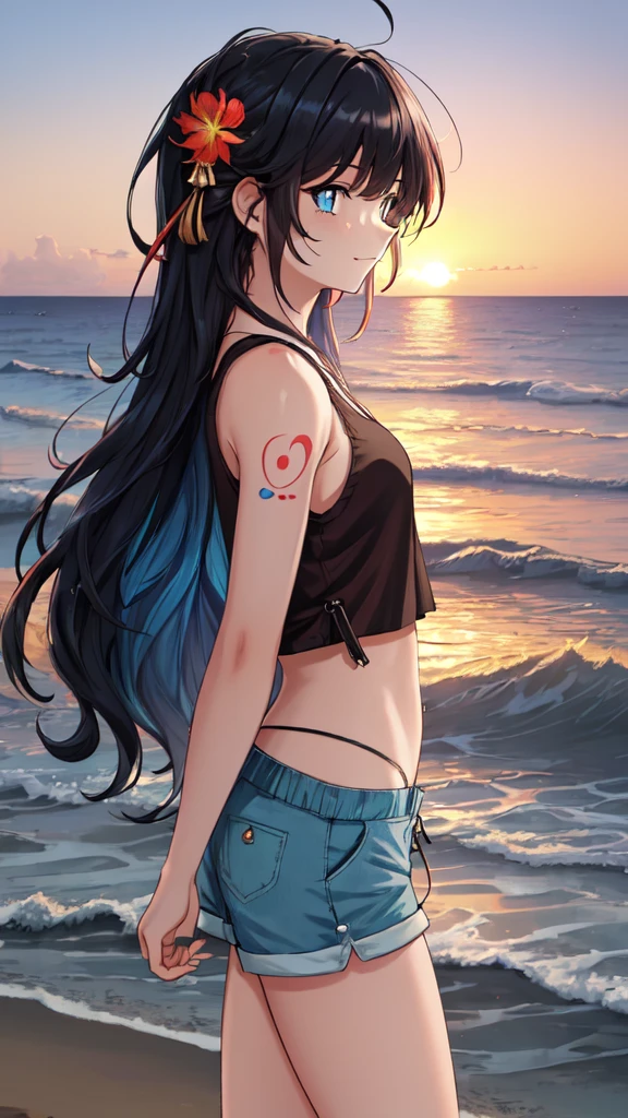(masterpiece, best quality, ultra detailed, ultra high resolusion, highres,8k:1.4), BREAK,20_years_old, 1giri sitting-on-the-the edge-of-the-waves,beach,(looking away:1.5), (dark_skin:1.2),(tribal_tatoo),(wavy hairs),(messy hair),(asymmetry bangs),(multicolored hair), 
Tsurime Eyes, (((blue eyes))),
((flower hair ornament)),(shortpants,bikini:1.4), sunset, from side, 