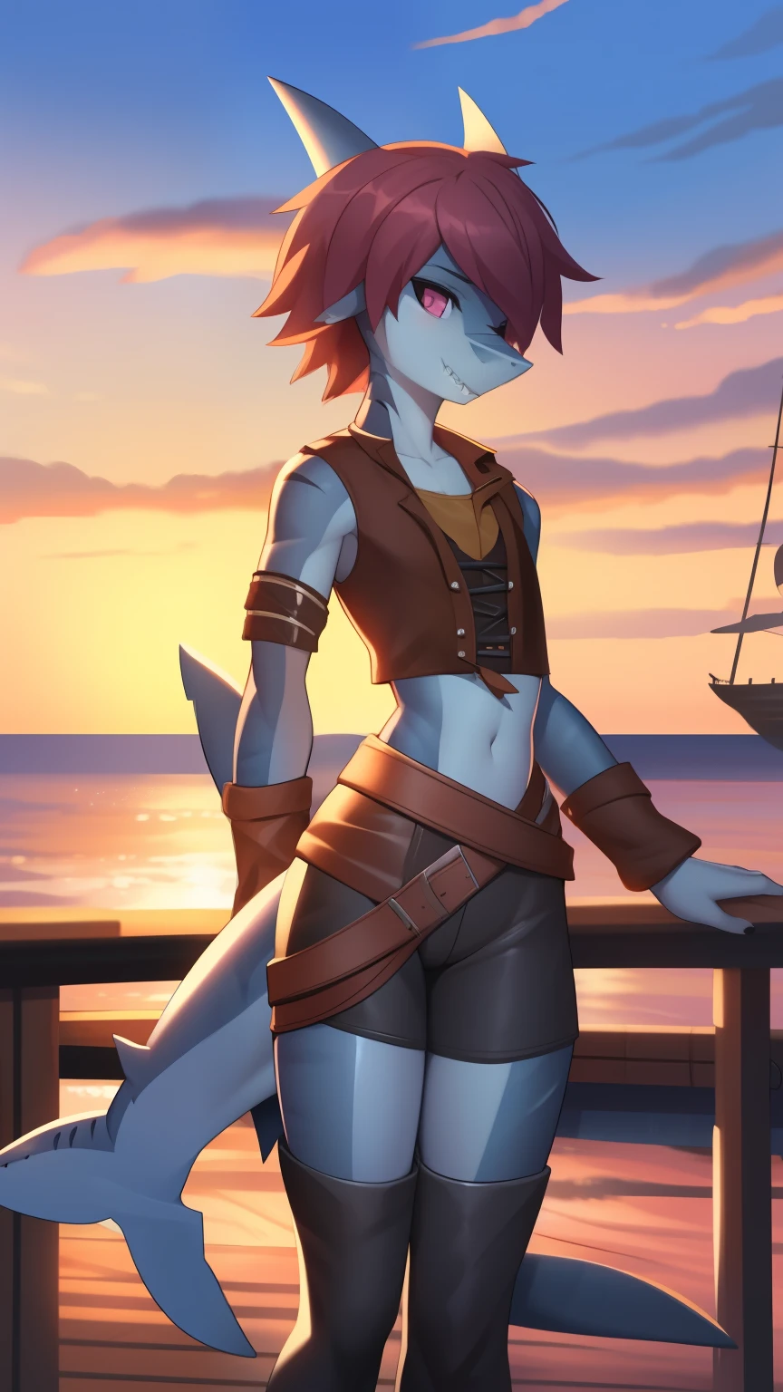 Best quality, super detailed illustration, warm colors, Ideal lighting, perfect detail, (shark boy:1.4), female body, disheveled thick hair, pirate clothes, peaceful mood, against the background of the harbor ,femboy ,small waist, wide hips, slim, perfect body, 