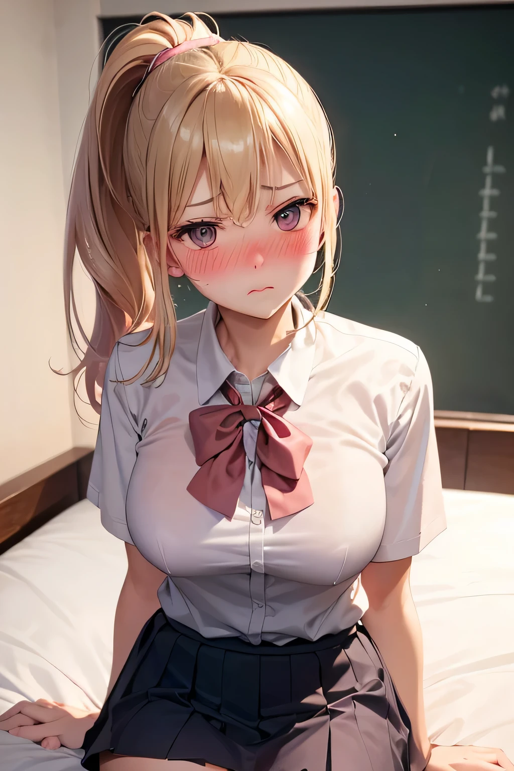 muste piece、masterpiece、highest quality、Super detailed、High resolution、8K portrait、High definition CG of Unity 8k wallpaper、cute type little:1.5、Lori:1.5、Highly detailed CG unity 8k wallpaper、Realistic、real person、 portrait photography、shiny skin、High definition、(:1.2)、(1 girl)、beautiful clear eyes、extremely detailed description、delicate face、nice lips、slender body、(thin waist)、thin legs、(bed room:1.6)、1 girl, cute type, perfect face, seriously, (blush:1.8),(Blonde Ponytail:1.3),(big breasts:1.3),((school uniform:1.3)),(looking at view),(from front),(disapproval face:1.5),