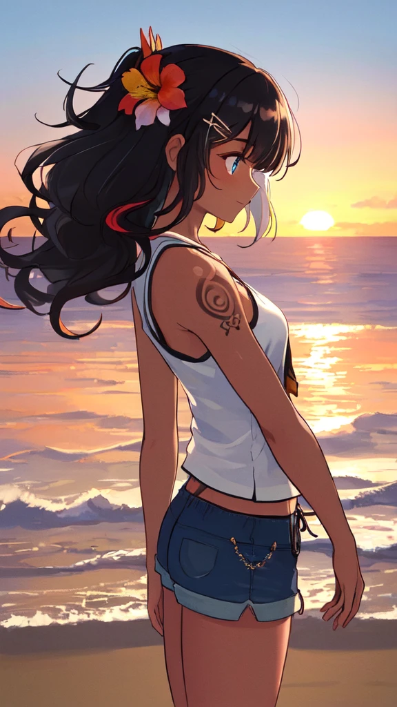 (masterpiece, best quality, ultra detailed, ultra high resolusion, highres,8k:1.4), BREAK,(from side:1.2), 20_years_old, 1giri standing-at-the-edge-of-the-waves,smile, beach, (looking away:1.7), (dark_skin:1.2),(tribal_tatoo:1.2),(wavy hairs),(messy hair),(asymmetry bangs),(multicolored hair), 
Tsurime Eyes, (((blue eyes))), jitome, 
((flower hair ornament)),(shortpants,tanktop:1.4), (sunset:1.3), 