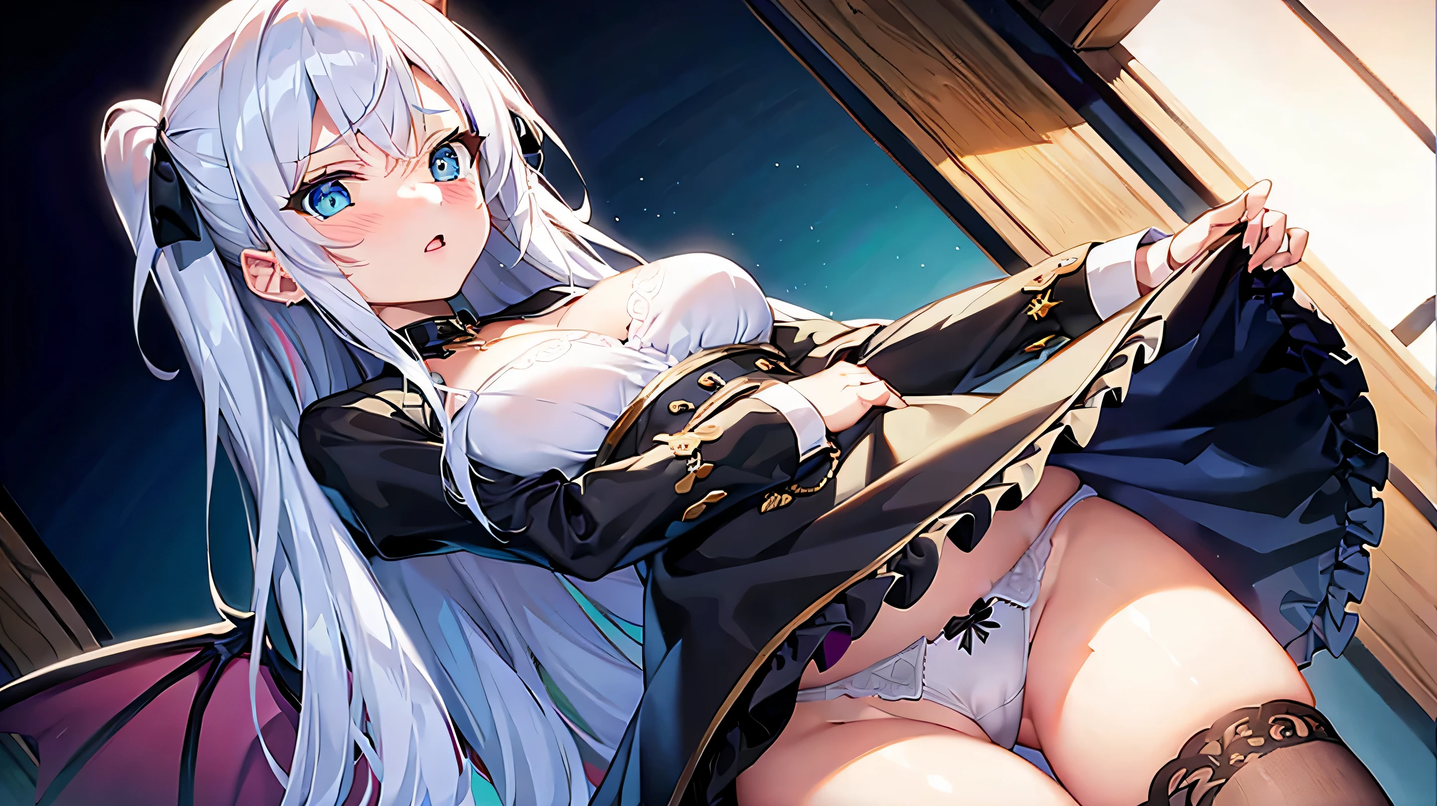 1girl,Anatomically correct, (masterpiece), highest quality, (Sharp details), Detailed eyes,Expressive eyes, ((Improve)),game cg ,whole body,((Succubus)),medium breasts,Devil&#39;s Wings,devil&#39;s tail,sweet,standing,skirt lift,from front,Maid clothes,White underwear,((White panties)),panty shot,anguish,embarrassed,night,bewitching,Functional,sexy,Dutch Angle,