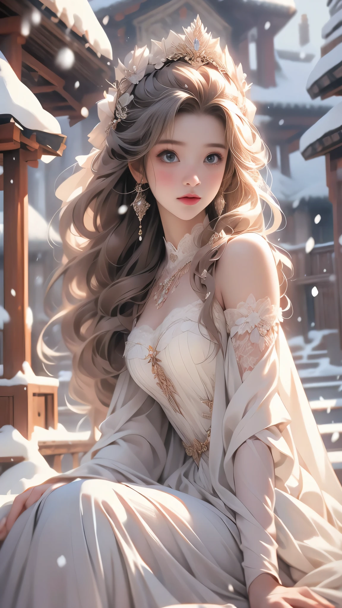 （8K，RAW photos， best qualtiy， tmasterpiece：1.2），（realisticlying， photograph realistic：1.4)，Hide your face with sadness，
Lolita costume，Lace， Aerith Gainsborough， The upper part of the body，upper legs，Lace， undergarments，exposed bare shoulders， do lado de fora， (outside，Covered with snow，cloaks，) high high quality， Adobe Lightroom， highdetailskin， looking at viewert，