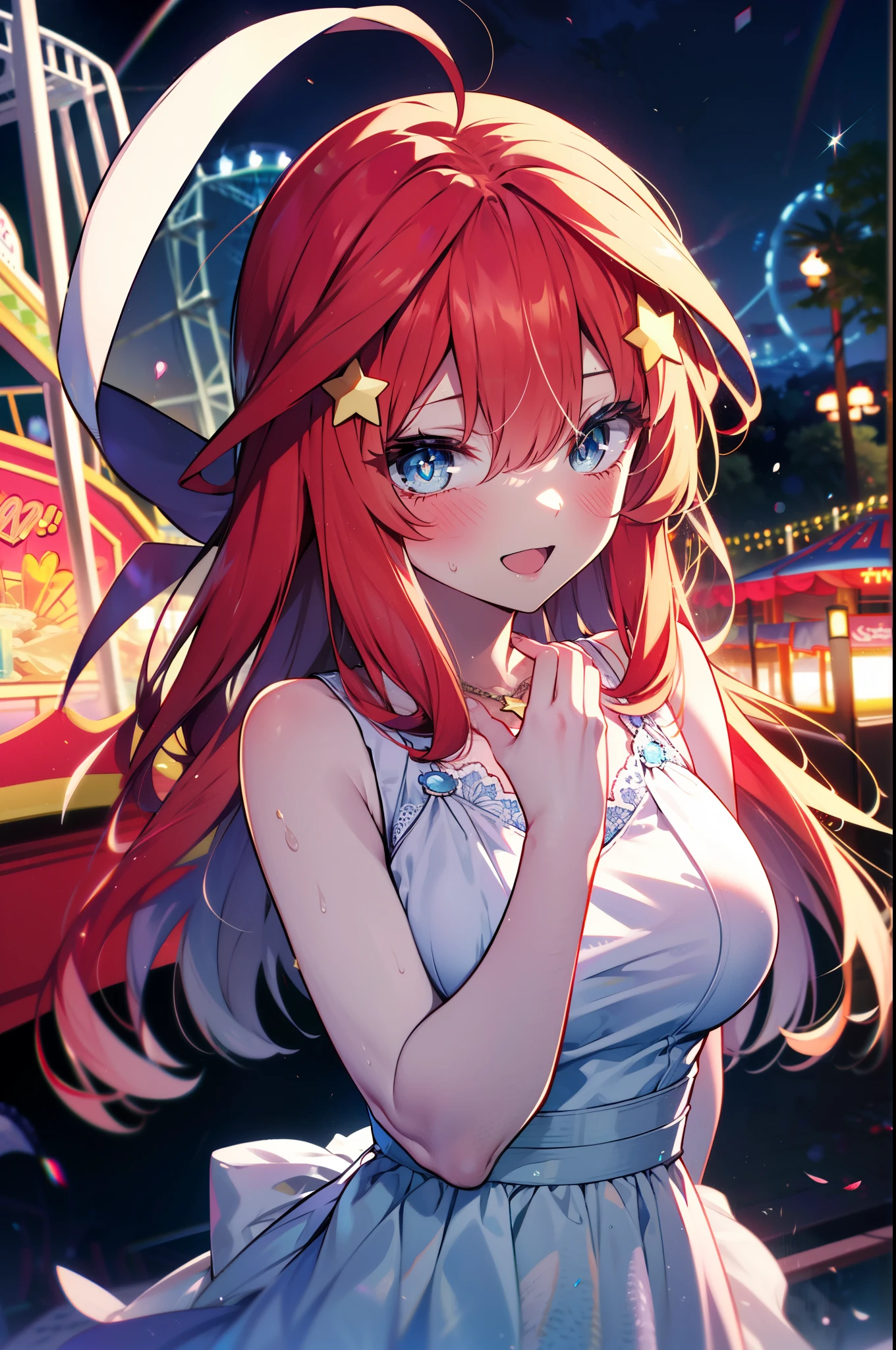 itsukinakano, Itsuki Nakano, bangs, blue eyes, Hair between the eyes, Ahoge, Redhead, star \(symbol\), hair ornaments, star hair ornaments,smile,blush,happy atmosphere,
(Great Laugh:1.1), (Open your mouth:1.1), Sun glare, Bokeh, Written boundary depth, blurred background, Particles of light, Strong winds, (Heart Particles:1.1),white hat,White long skirt integrated dress,Exposing shoulders,bare clavicle,Bare neck,Bare arms,Cute Sandals,slouch,Look up,night,moonlight,star,romantic,Heart Necklace,amusement park, roller coaster, carousel, Bumper Car, Ferris wheel, water park, break looking at viewer, Upper Body, whole body,(Cowboy Shot:1. 3) break outdoors, amusement park break (masterpiece:1.2), highest quality, High resolution, unity 8k wallpaper, (shape:0.8), (Fine and beautiful eyes:1.6), Highly detailed face, Perfect lighting, Highly detailed CG, (Perfect hands, Perfect Anatomy),