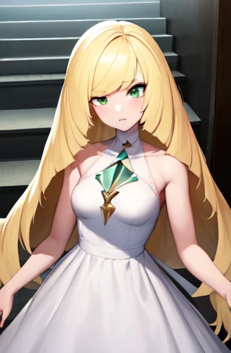 ((best quality)), ((Very detailed)), masterpiece, absurd, (Delicate eyes, Deep eyes), (1 Girl), Cowboy shooting, Lusamin, blond, Very long hair, Green Eyes, Medium breasts, (No white dress), No sleeveless dress, Green gemstones, No white leggings, High heel, white shoes, (indoors, on the stairs), Side milk，No underwear，Naked upper body，No clothes on the lower body，Expose，Expose生殖器，Expose