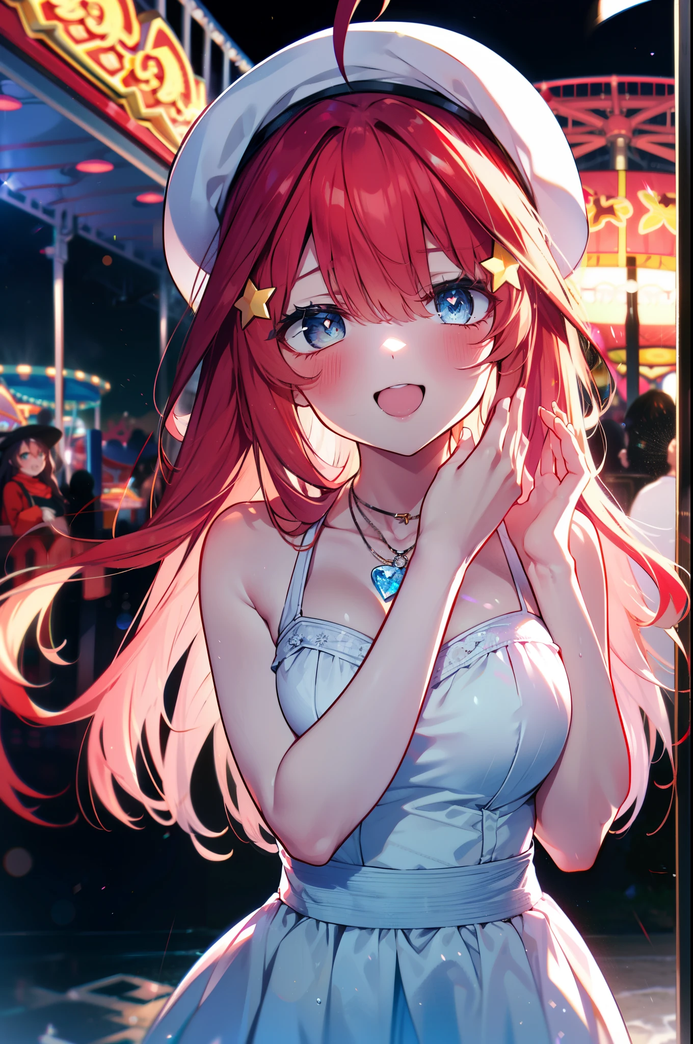 itsukinakano, Itsuki Nakano, bangs, blue eyes, Hair between the eyes, Ahoge, Redhead, star \(symbol\), hair ornaments, star hair ornaments,smile,blush,happy atmosphere,
(Great Laugh:1.1), (Open your mouth:1.1), Sun glare, Bokeh, Written boundary depth, blurred background, Particles of light, Strong winds, (Heart Particles:1.1),white hat,White long skirt integrated dress,Exposing shoulders,bare clavicle,Bare neck,Bare arms,Cute Sandals,slouch,Look up,night,moonlight,star,romantic,Heart Necklace,amusement park, roller coaster, carousel, Bumper Car, Ferris wheel, water park, break looking at viewer, Upper Body, whole body,(Cowboy Shot:1. 3) break outdoors, amusement park break (masterpiece:1.2), highest quality, High resolution, unity 8k wallpaper, (shape:0.8), (Fine and beautiful eyes:1.6), Highly detailed face, Perfect lighting, Highly detailed CG, (Perfect hands, Perfect Anatomy),