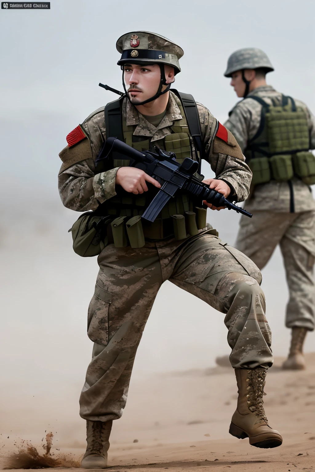 crea una imagen de un hombre militar rubio en un combate 
