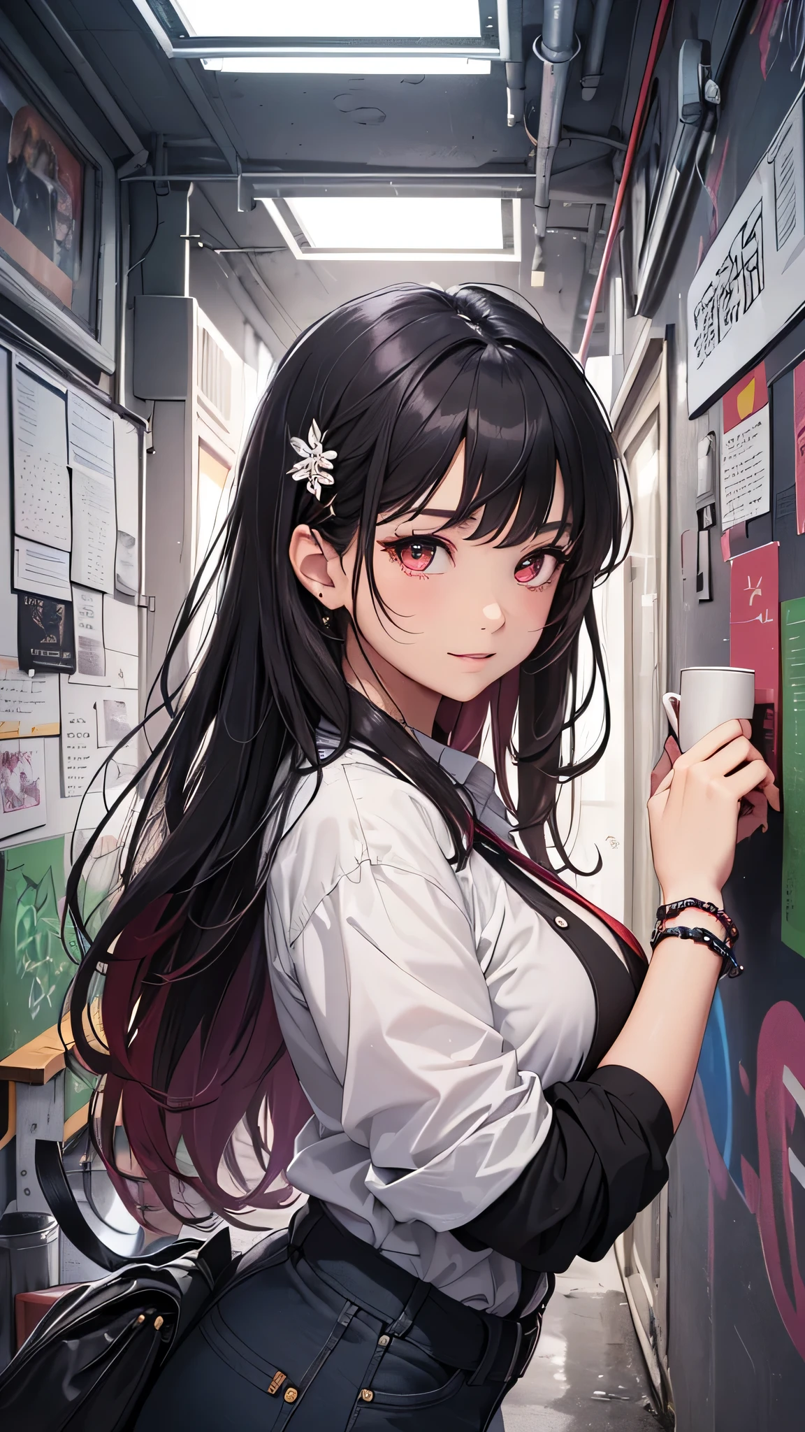 最high quality、Best image quality、masterpiece、girl((20-year-old、 By becoming、Best Bust、Medium Bust,Wide open breast tea、red glowing eyes, Black and red hair、Disheveled Hair、Long Hair、thin,The highest valley、White overshirt、Open chest、White wristband、smile、Leaning forward、hair ornaments、Side angle、Lointail、Brown skin)),high quality、Beautiful art、background((Modern Office、Coffee cup、line of light、Whiteboard、graffiti))、Flight、Flying debris、Written boundary depth、movie、Visual Arts、Perfect art、8K,Genuine、