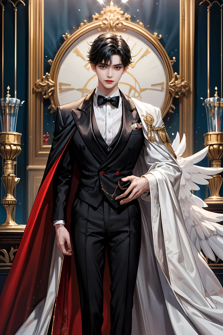 masterpiece, 最high quality, high quality, 1 boy, alone, Male focus, Watching the audience, Messy black hair, blue adorable big eyes, White, Noble, Noble, Beautiful angel、Big Feather、He was wearing a tuxedo with a really big stand-up collar and a really big, really long red and black cape made of a lot of fabric that reached down to the floor longer than his height., ,cute beautiful boy,cute cute handsome boy