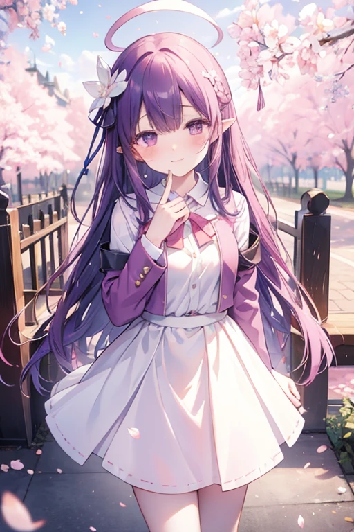 yuukikonno, Yuki Konno, hair band, long hair, pointy ears, purple hair, Ahoge,(small breasts:1.2), smile,blush,happy atmosphere,closing both eyes,crowd,graduation ceremony,
Big tears are falling down her face,tears of joy,
high ,white dress shirt,red ribbon,purple blazer,black pleated skirt,white pantyhose,brown loafers,Cherry blossom tree-lined path,Cherry blossoms are scattered,A group of classmates with various displays,pink scenery,
壊す looking at viewer, Upper body, whole body,
break outdoors, school gate,destroy cherry blossom treeasterpiece:1.2), highest quality, High resolution, unity 8k wallpaper, (shape:0.8), highly detailed face, perfect lighting, Very detailed CG, (perfect hands, perfect ???????),