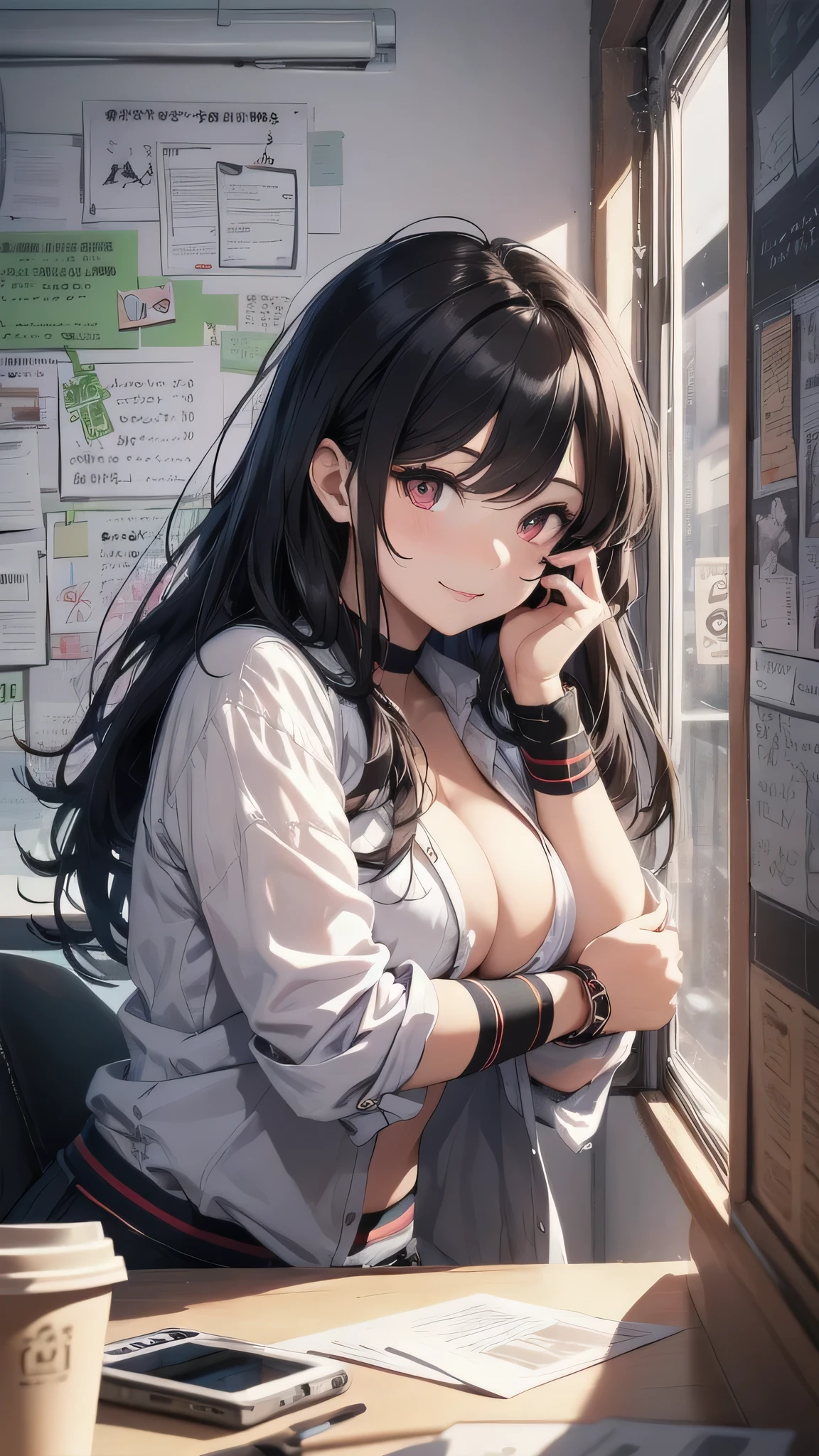 最high quality、Best image quality、masterpiece、girl((20-year-old、 By becoming、Best Bust、Medium Bust,Wide open breast tea、red glowing eyes, Black and red hair、Disheveled Hair、Long Hair、thin,The highest valley、White overshirt、Open chest、White wristband、smile、Leaning forward、hair ornaments、Side angle、Lointail、Brown skin)),high quality、Beautiful art、background((Modern Office、Coffee cup、line of light、Whiteboard、graffiti))、Flight、Flying debris、Written boundary depth、movie、Visual Arts、Perfect art、8K,Genuine、