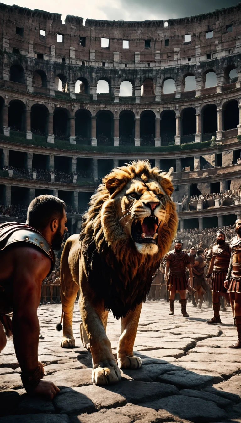 Under the gaze of thousands, the Roman Colosseum becomes a stage for horror. Prisoners tremble as they are met with ravenous lions and relentless gladiators, their bloodcurdling screams becoming the chorus to a macabre show of death, background dark, hyper realistic, face detail, ultra detailed hyper realistic, photorealistic, Studio Lighting, reflections, dynamic pose, Cinematic, Color Grading, Photography, Shot on 50mm lens, Ultra-Wide Angle, Depth of Field, hyper-detailed, beautifully color, 8k