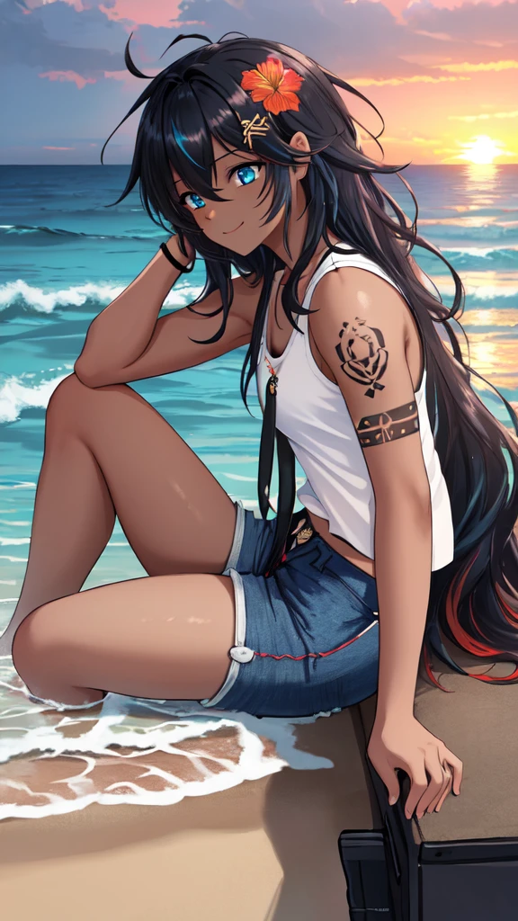 (masterpiece, best quality, ultra detailed, ultra high resolusion, highres,8k:1.4), BREAK,(from side:1.2), 20_years_old, 1giri sitting-on-the-edge-of-the-waves,smile, beach, (looking away:1.3), (dark_skin:1.2),(tribal_tatoo:1.2),(wavy hairs),(messy hair),(asymmetry bangs),(multicolored hair), 
Tsurime Eyes, (((blue eyes))), jitome, 
((flower hair ornament)),(shortpants,tanktop:1.4), (sunset:1.3), 