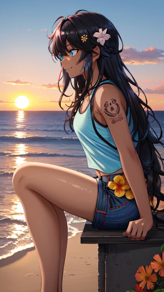 (masterpiece, best quality, ultra detailed, ultra high resolusion, highres,8k:1.4), BREAK,(from side:1.2), 20_years_old, 1giri sitting-on-the-edge-of-the-waves,smile, beach, (looking away:1.3), (dark_skin:1.2),(tribal_tatoo:1.2),(wavy hairs),(messy hair),(asymmetry bangs),(multicolored hair), 
Tsurime Eyes, (((blue eyes))), jitome, 
((flower hair ornament)),(shortpants,tanktop:1.4), (sunset:1.3), 