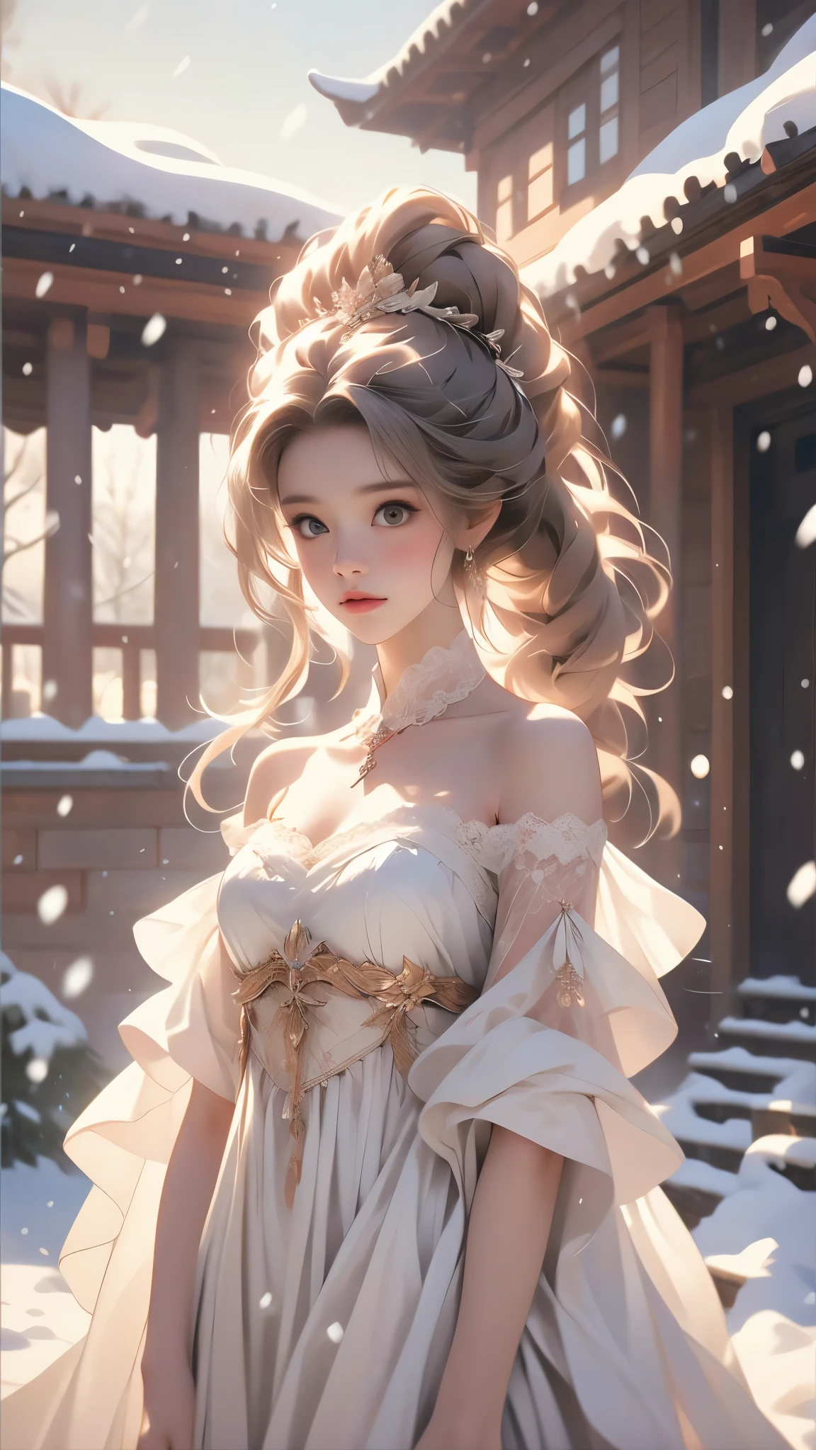 （8K，RAW photos， best qualtiy， tmasterpiece：1.2），（realisticlying， photograph realistic：1.4)，Hide your face with sadness，
Lolita costume，Lace， Aerith Gainsborough， The upper part of the body，upper legs，Lace， undergarments，exposed bare shoulders， do lado de fora， (outside，Covered with snow，cloaks，) high high quality， Adobe Lightroom， highdetailskin， looking at viewert，