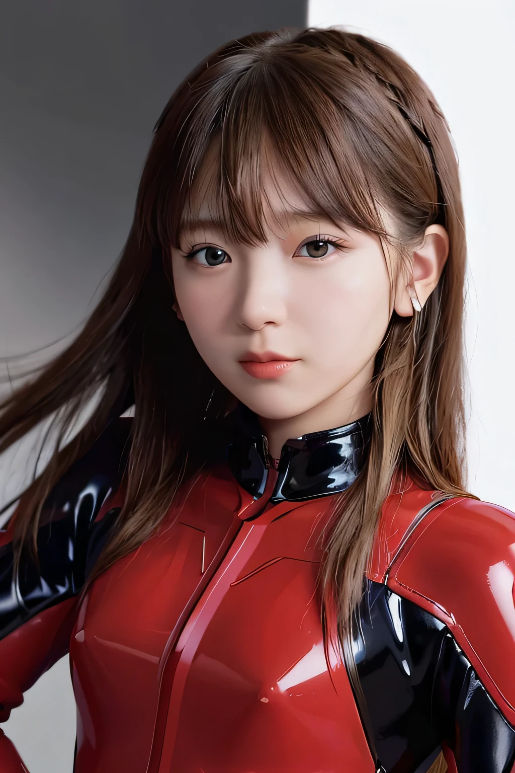 ((Soryu Asuka Langley))、８K、highest quality、masterpiece、(jet black background:1.5)、1 girl、Cute 12 year old girl、Flat Body、slim、blue eyes、(Headshot closeup:1.5)、(long blonde hair:1.5) 、(Red plug suit:1.5)、((Red latex gloves))、(hands on hips)