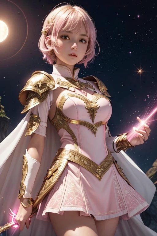 Female short blond tomboy hair dark fantasy girl wearing an intricate elaborate futuristic light pink armor with mini dress with elaborated white ornaments, pink short cape, pink short mini skirt, wearing a large staff, gold magic eclipse, stars, magic conjuring circle behind, ethereal lightning, sharp focus