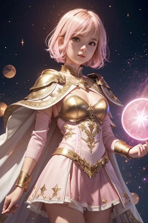 Female short blond tomboy hair dark fantasy girl wearing an intricate elaborate futuristic light pink armor with mini dress with elaborated white ornaments, pink short cape, pink short mini skirt, wearing a large staff, gold magic eclipse, stars, magic conjuring circle behind, ethereal lightning, sharp focus