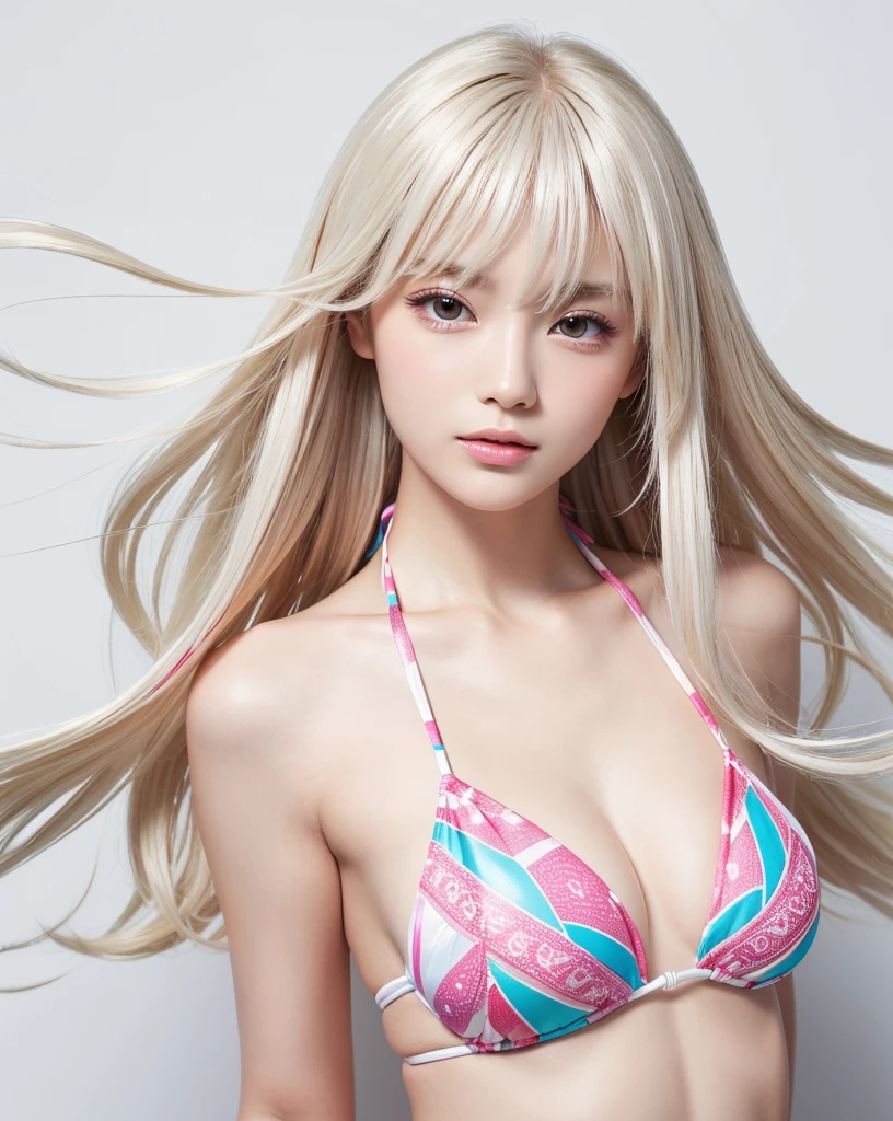 (highest quality, 32k, High resolution, Masterpiece:1.5,), An award-winning masterpiece with astonishing detail, Beautiful Japanese Women, Very beautiful face, (((whole body))), perfect human anatomy, big magical eyes, Fleeting Expression, ((Shiny platinum blonde silk hair)), Perfectly tidy, super straight silk hair, Up ponytail, Beautiful asymmetrical bangs, Hair between the eyes, Bright makeup, Transparent, soft white skin, Beautifully trimmed, thin and fine eyebrows, clear double eyelids, Attractive pink lips, ((High-quality bikini with colorful painted patterns)), High resolutionの完璧な鎖骨, High resolutionの美しい胸元, Slender figure, High resolutionの美しい太もも, ((pure white background:1.3)), Midsummer Sunshine, Professional Lighting, Professional photographer, Professional models